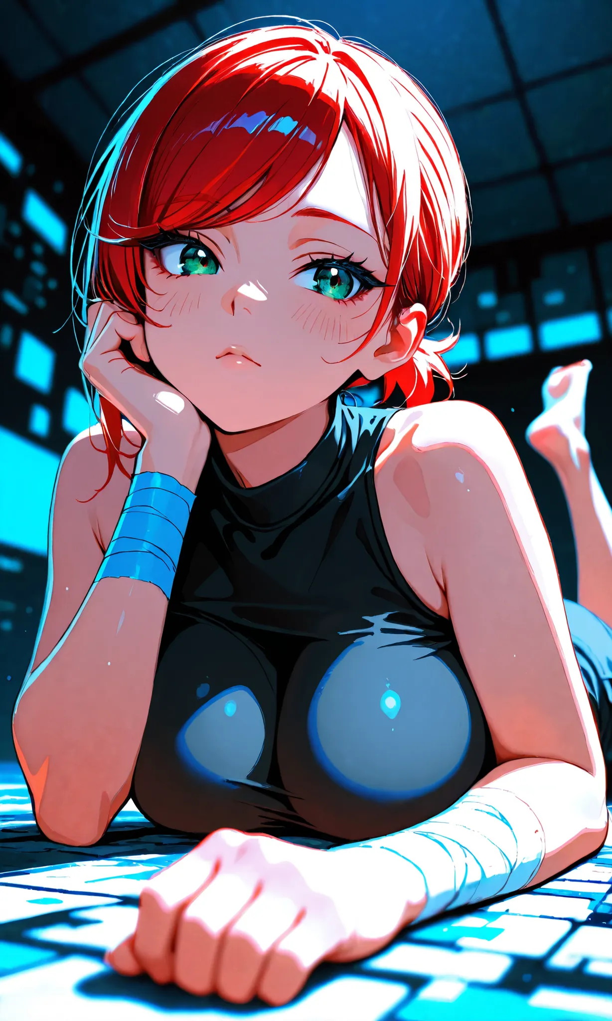 1girl, solo, original, full body, 1girl, solo, original, from below, blurry background, direct perspective, shallow depth of field, naughty girl, green eyes, tsurime, detailed eyelashes, looking away, crimson hair, short ponytail, messy ponytail, very shor...