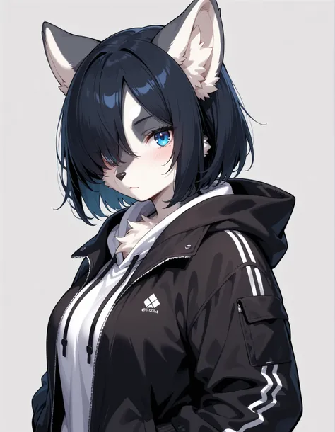 masterpiece, hyper detailed, best quality,(furry:1.3),solo, blue eyes, 1girl, looking at viewer, hood, closed mouth, short hair, grey background, black hair, hair over one eye, jacket  ,