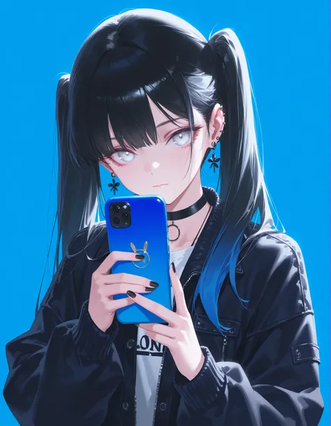 (Artist:human_mame:0.7),(Artist: Reoen :0.85),(nauseous:0.3),(wanke:0.4),( Modare :0.6),(WLOP:0.6),(King_(sanbonzakura):0.4),
1girl, Alone, jewelry, twintails, holding, choker, earrings, upper body, long hair, black hair, blue background, closed mouth, blu...