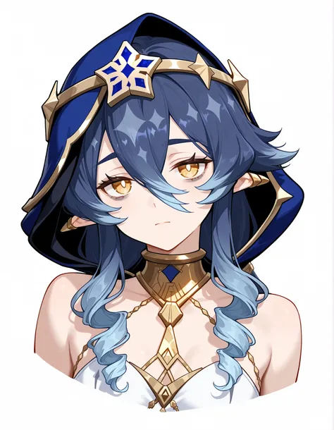 masterpiece, best quality, 1girl, layla \(genshin impact\), solo, pointy ears, drill sidelocks, blue hair, hair between eyes, drill hair, white background, long hair, hood, sidelocks, yellow eyes, blue hood, simple background, looking at viewer, hood up, c...