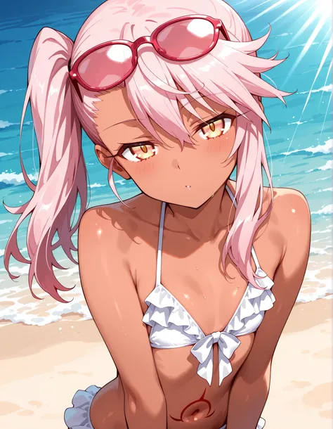 anime, Chloe_Von_Einzbern, 1girl, solo, yellow eyes, pink hair, long hair, hair between eyes, side ponytail, flat chest, dark-skinned female, upper body, looking at viewer, pink eyewear on head, beach, frilled bikini, navel, half closed eyes, head tilt, su...