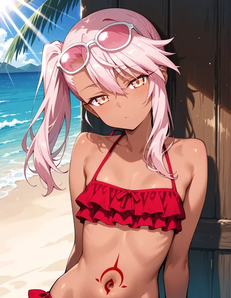 anime, Chloe_Von_Einzbern, 1girl, solo, yellow eyes, pink hair, long hair, hair between eyes, side ponytail, flat chest, dark-skinned female, upper body, looking at viewer, pink eyewear on head, beach, frilled bikini, navel, half closed eyes, head tilt, su...