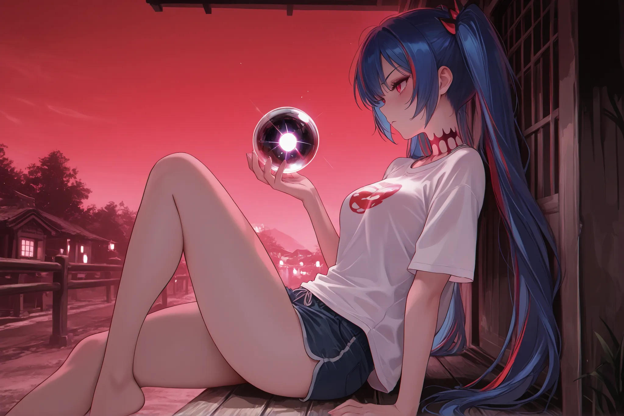 Dratena Belbury , masterpiece , best quality , amazing quality , 1girl , NSFW , chromatic aberration , very long hair, Red eyes,  twintails , breasts, Looking around, a red sky, Japanese village background, Sitting on the porch, holding a large glass ball,...