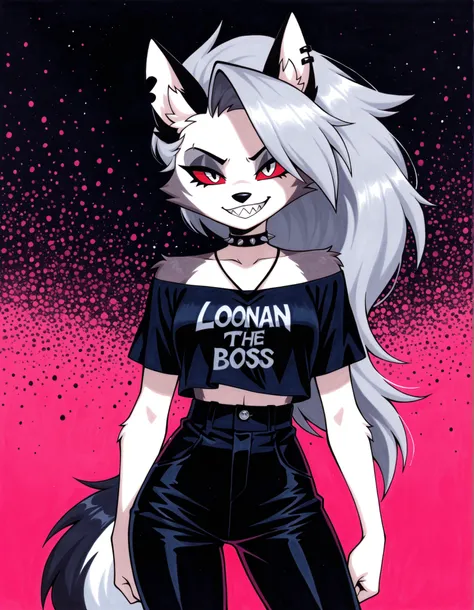 loona \(helluva boss\), helluva boss, 1girl, solo, traditional media, safe, epic, sharp teeth, grin, detailed, cowboy shot, neon background, text LOONA in the background, very awa, masterpiece, best quality, high quality, newest, recent, absurdres,