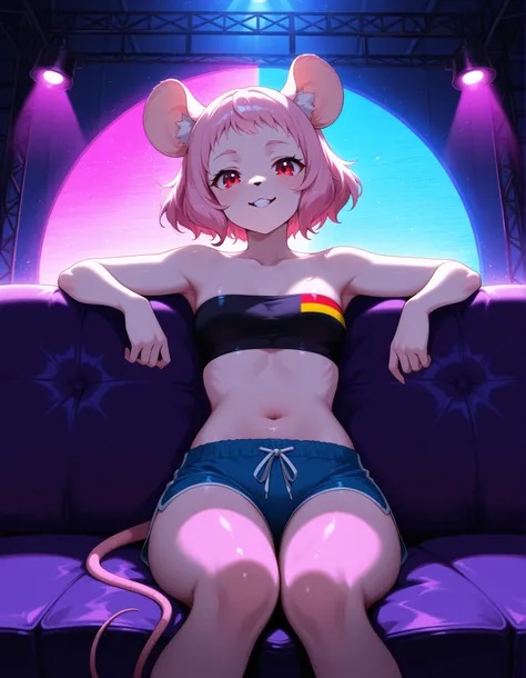 masterpiece, best quality, absurd res, hi res, anthro, female, solo, mouse, small breasts, white fur, white body, red eyes, buckteeth, short hair, short bangs, flag clothing, german flag, tube top, spats, shorts, inside, nightclub, dark, dimly lit, low lig...