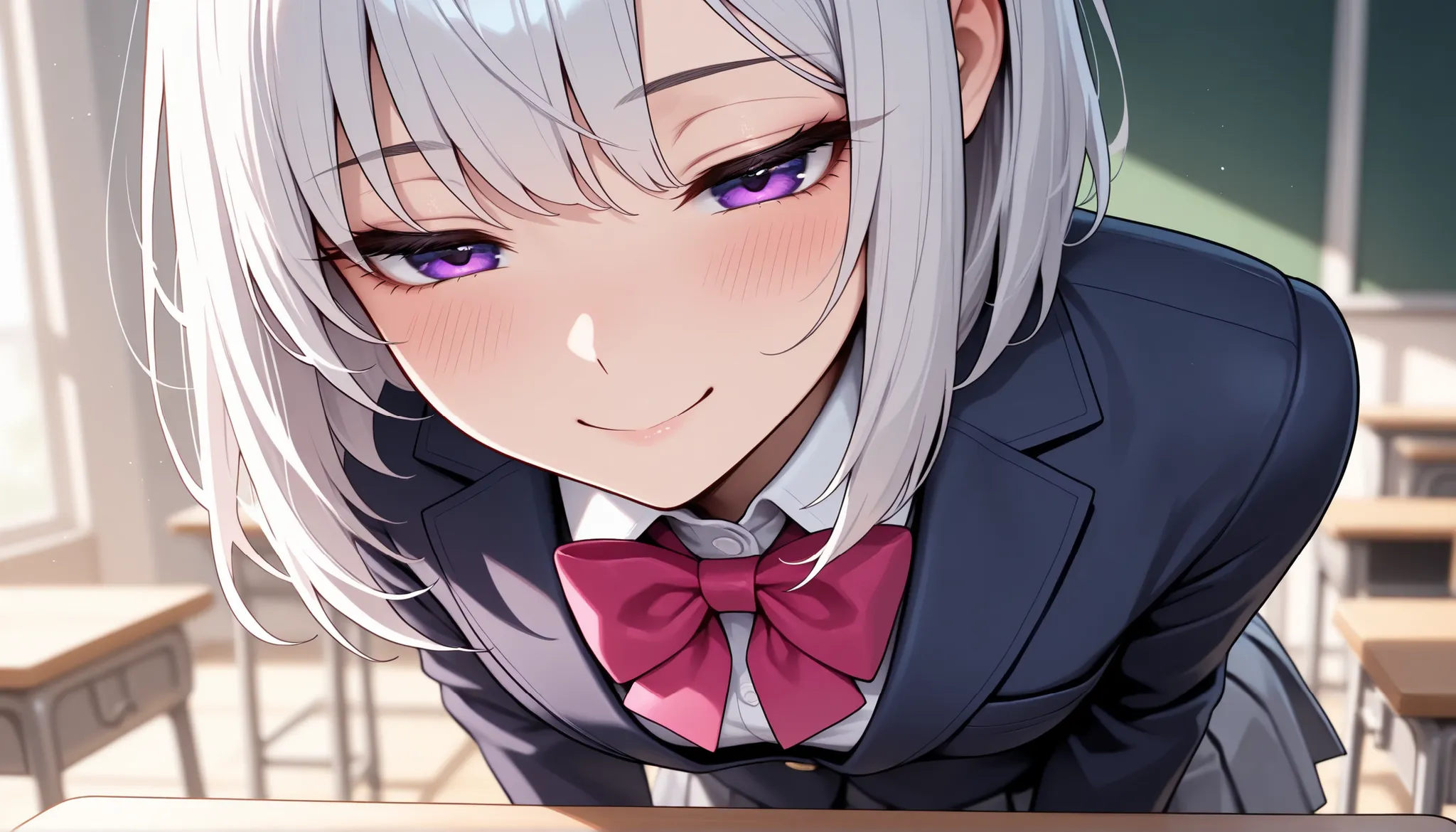 ((solo)), close-up, hair tacking , head inclination, Great Masterpiece, top quality, high fashion, is extremely ridiculous, HDR, intricate details, bright colors, very cute face, very cute silver hair, cute girl, solo, purple eyes, half-closed eyes, medium...