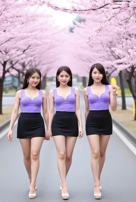3 Japanese people in their 20s,3 Women with the prettiest faces,3 people walk side by side through cherry blossom trees,3 Extremely Beautiful Women with a Slim Waist, bust 90 cm,F cup,Nipples are not visible,I won't show,hide,deep v-neck,purple sleeveless ...