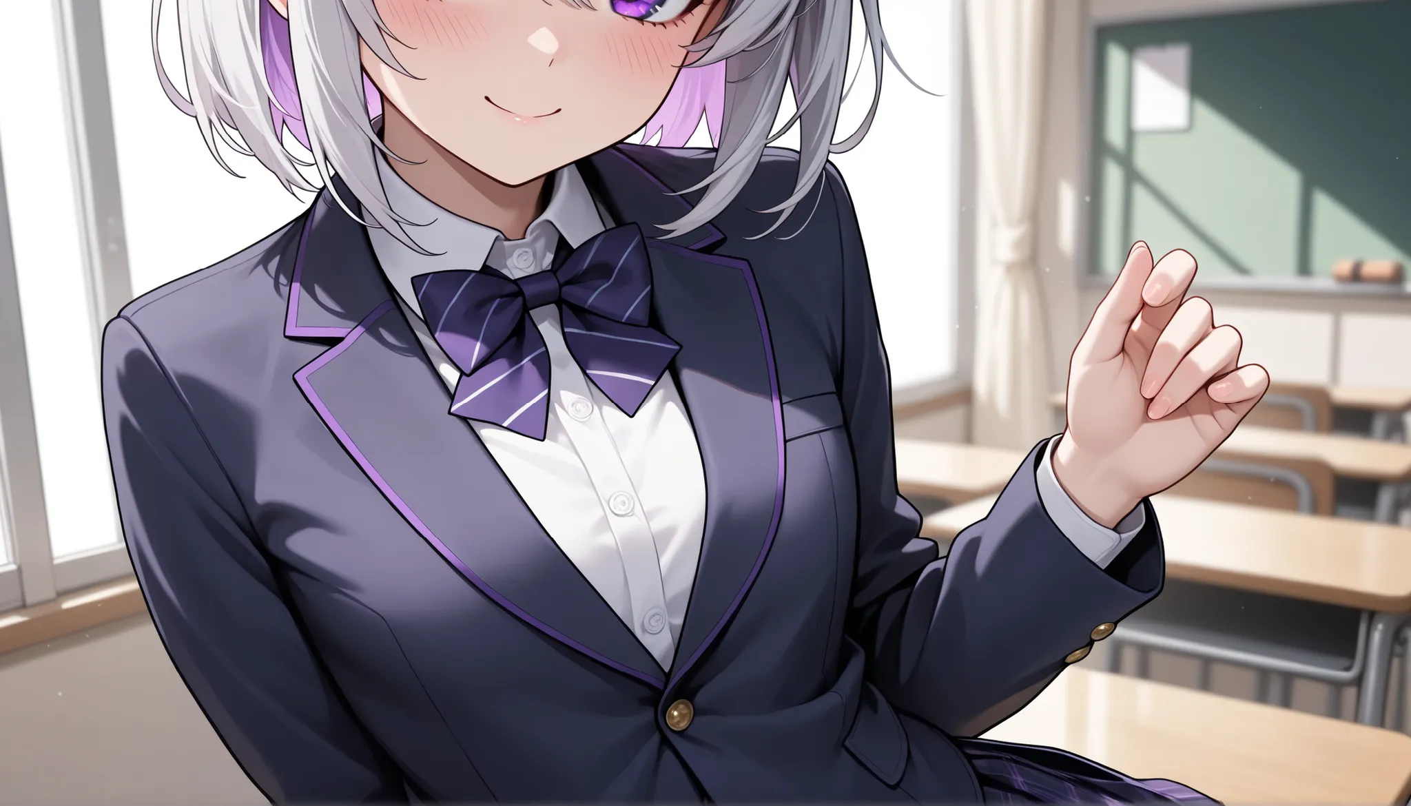 ((solo)), close-up, hair tacking , head inclination, Great Masterpiece, top quality, high fashion, is extremely ridiculous, HDR, intricate details, bright colors, very cute face, very cute silver hair, cute girl, solo, purple eyes, medium chest, long sleev...