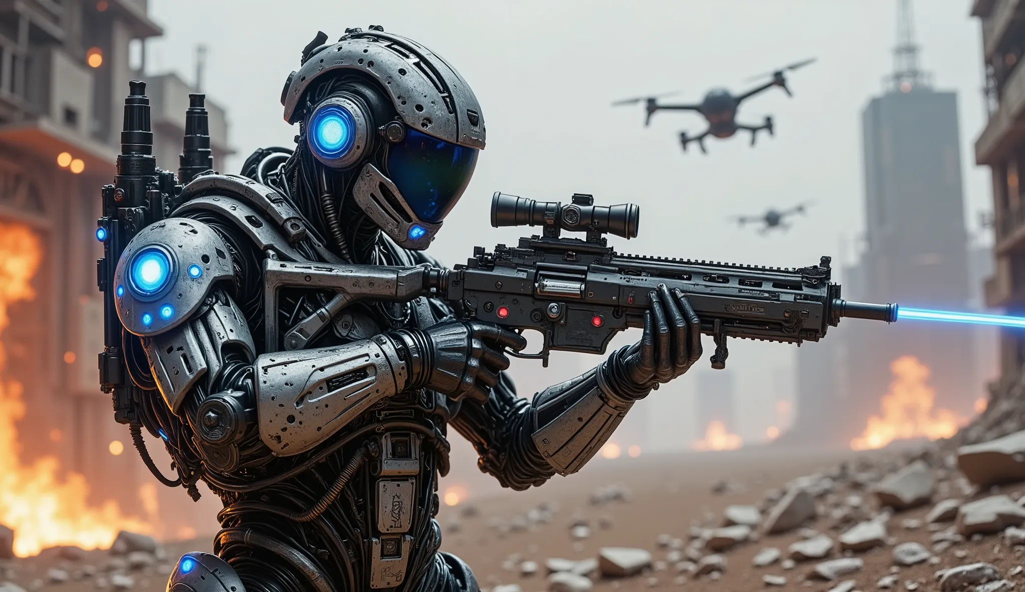 pinkmechalux, A highly detailed futuristic sci-fi soldier in an intense combat scenario, wearing advanced power armor with a sleek metallic design and glowing blue energy lines. His helmet is equipped with an augmented reality HUD display, reflecting tacti...
