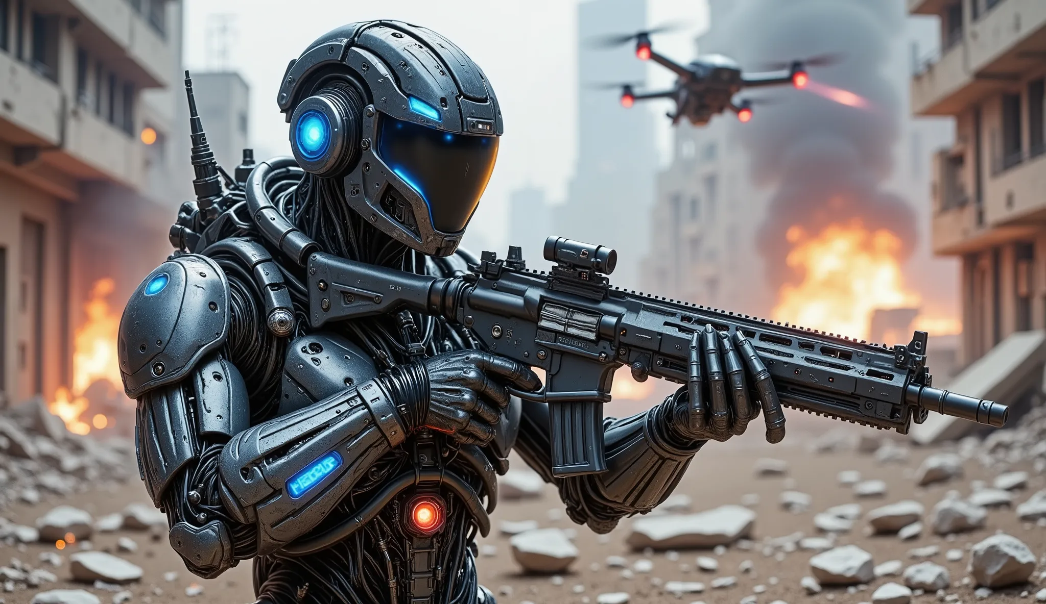 pinkmechalux, A highly detailed futuristic sci-fi soldier in an intense combat scenario, wearing advanced power armor with a sleek metallic design and glowing blue energy lines. His helmet is equipped with an augmented reality HUD display, reflecting tacti...
