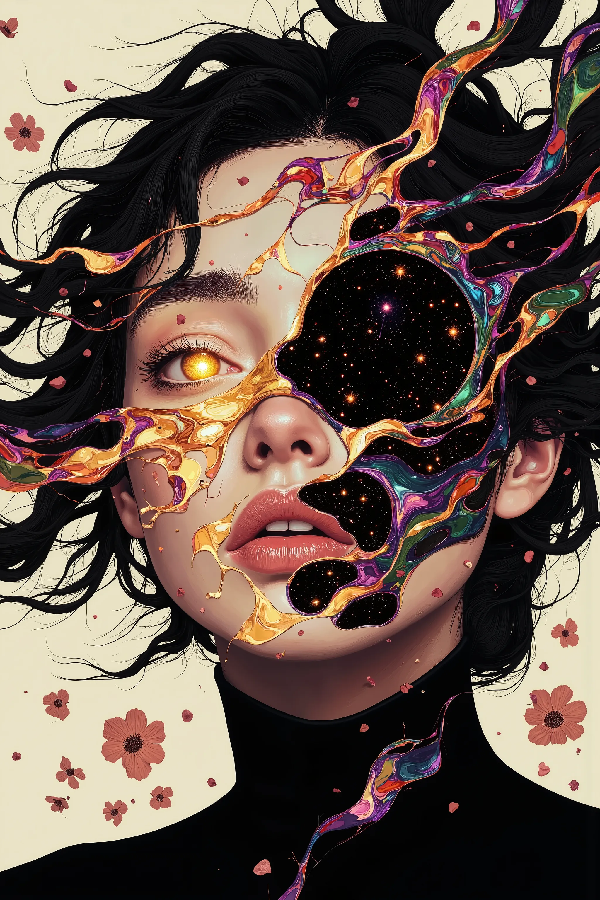 CynthiaPortrait. A surreal style portrait of a woman whose face is split into translucent layers, each layer resembling delicate stained glass in vibrant colors **** ruby red, emerald green, and sapphire blue. Each layer reflects and refracts light, creati...
