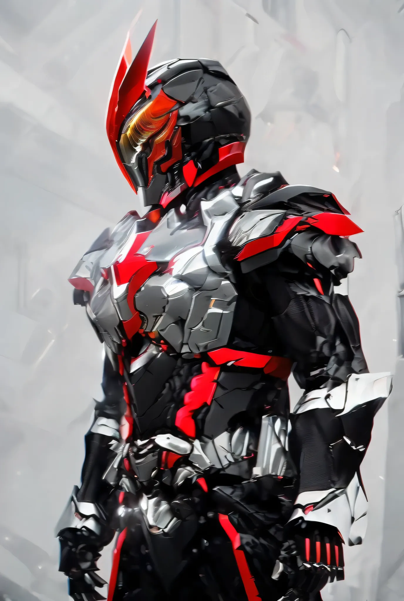 Close-up of a motorcycle mecha,has a red light, black and  red armor, Futuristic Armor, black armor, Dark armor, black and red reflective armor, Corrupted Armor, ,  red armor,  Demon Armor , Dark Futurism, complex assassin mech armor, angular metal armor, ...