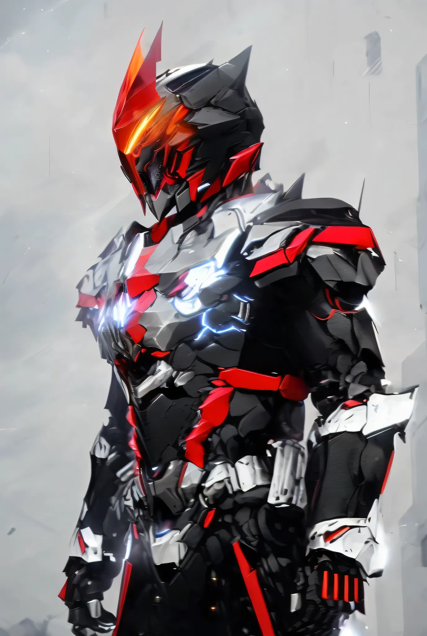 Close-up of a motorcycle mecha,has a red light, black and  red armor, Futuristic Armor, black armor, Dark armor, black and red reflective armor, Corrupted Armor, ,  red armor,  Demon Armor , Dark Futurism, complex assassin mech armor, angular metal armor, ...