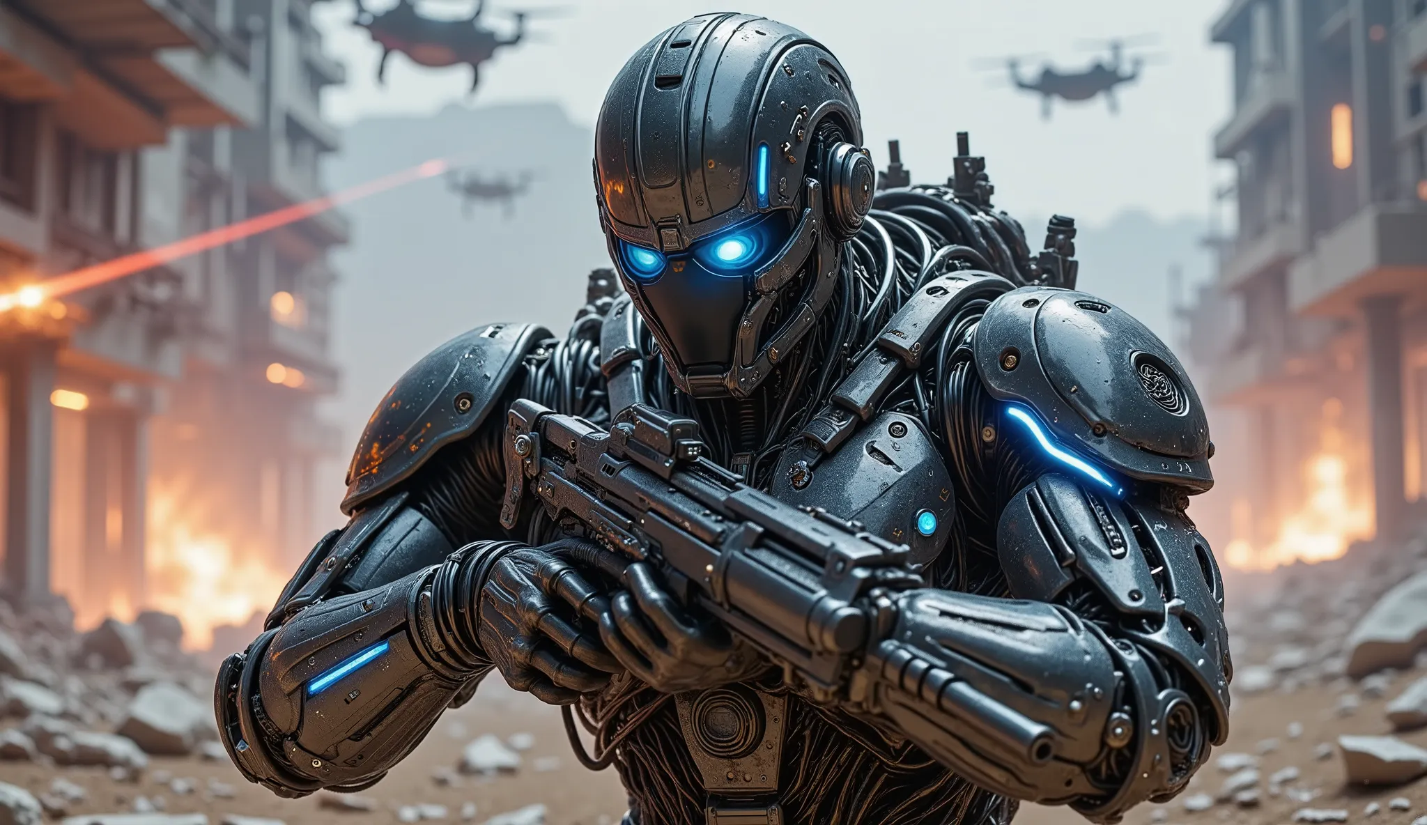 pinkmechalux, A highly detailed futuristic sci-fi soldier in an intense combat scenario, wearing advanced power armor with a sleek metallic design and glowing blue energy lines. His helmet is equipped with an augmented reality HUD display, reflecting tacti...