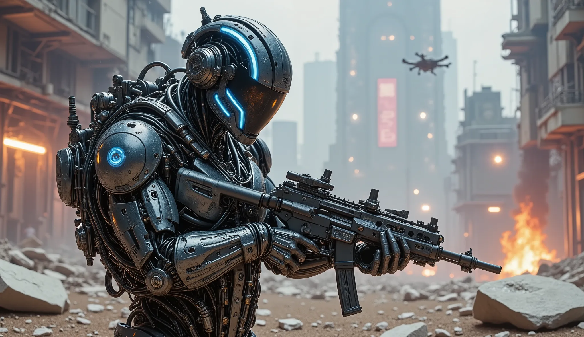 pinkmechalux, A highly detailed futuristic sci-fi soldier in an intense combat scenario, wearing advanced power armor with a sleek metallic design and glowing blue energy lines. His helmet is equipped with an augmented reality HUD display, reflecting tacti...