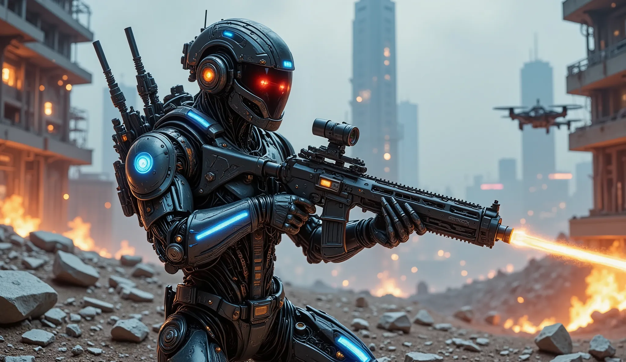 pinkmechalux, A highly detailed futuristic sci-fi soldier in an intense combat scenario, wearing advanced power armor with a sleek metallic design and glowing blue energy lines. His helmet is equipped with an augmented reality HUD display, reflecting tacti...
