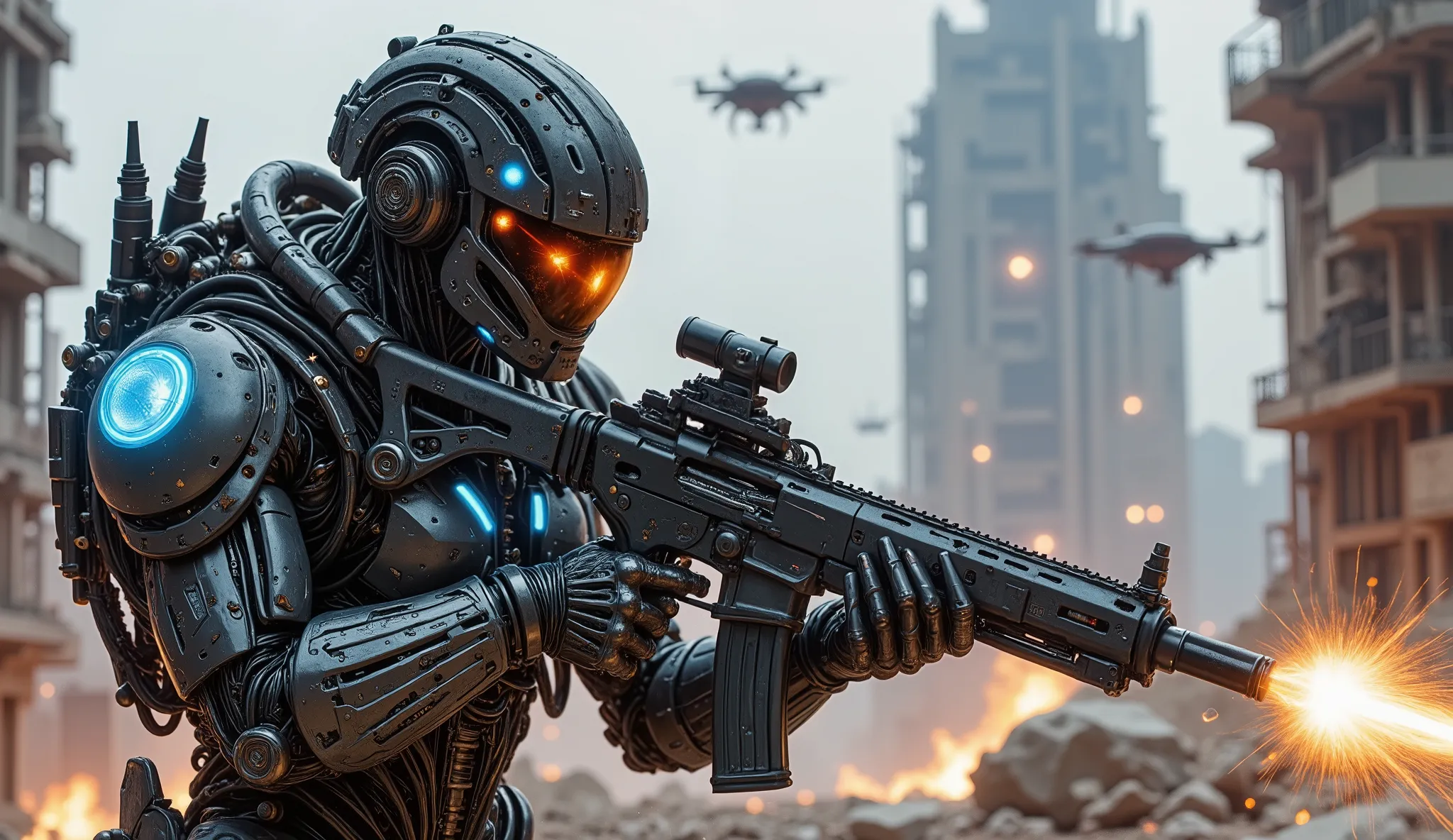 pinkmechalux, A highly detailed futuristic sci-fi soldier in an intense combat scenario, wearing advanced power armor with a sleek metallic design and glowing blue energy lines. His helmet is equipped with an augmented reality HUD display, reflecting tacti...