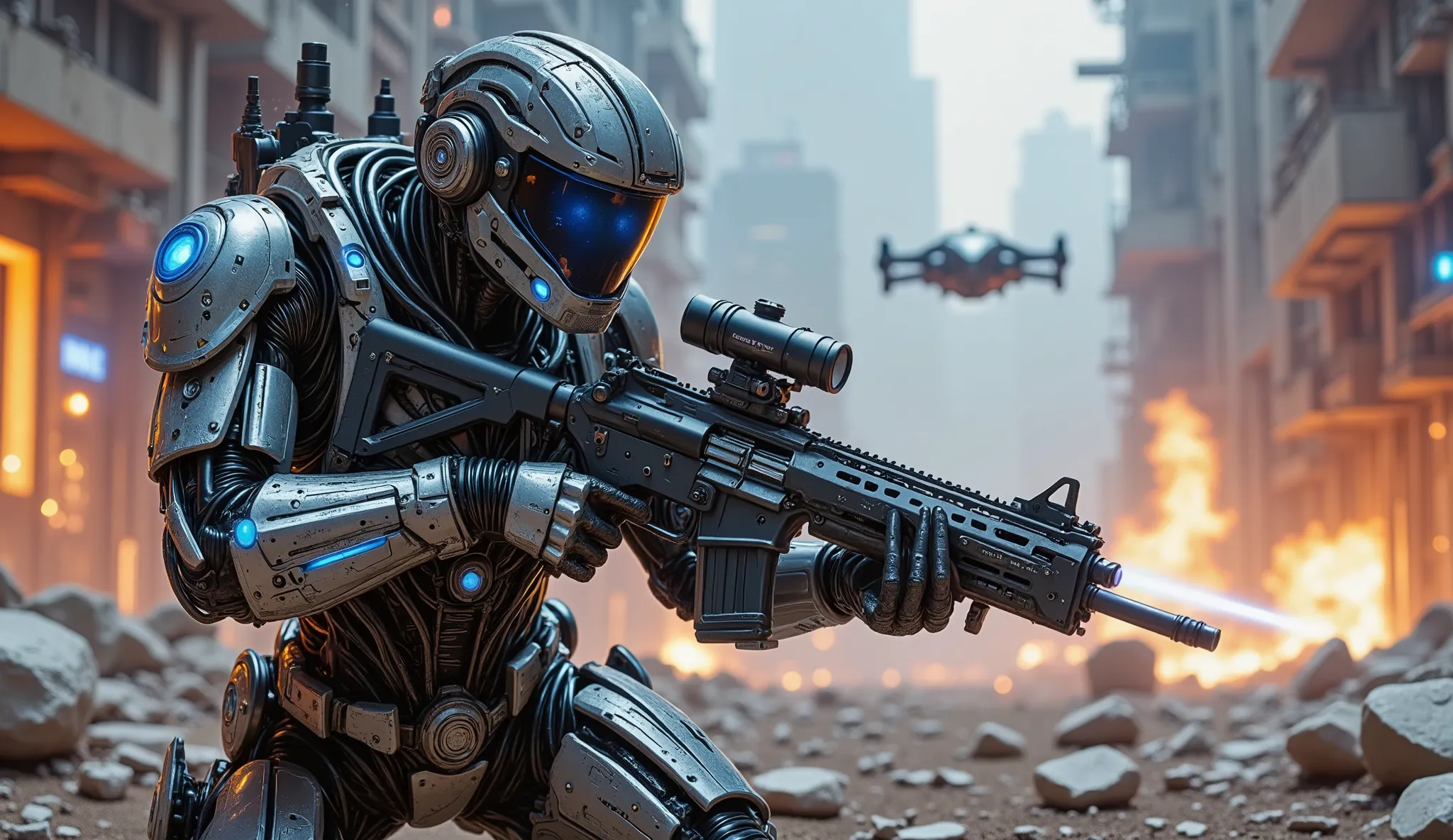 pinkmechalux, A highly detailed futuristic sci-fi soldier in an intense combat scenario, wearing advanced power armor with a sleek metallic design and glowing blue energy lines. His helmet is equipped with an augmented reality HUD display, reflecting tacti...