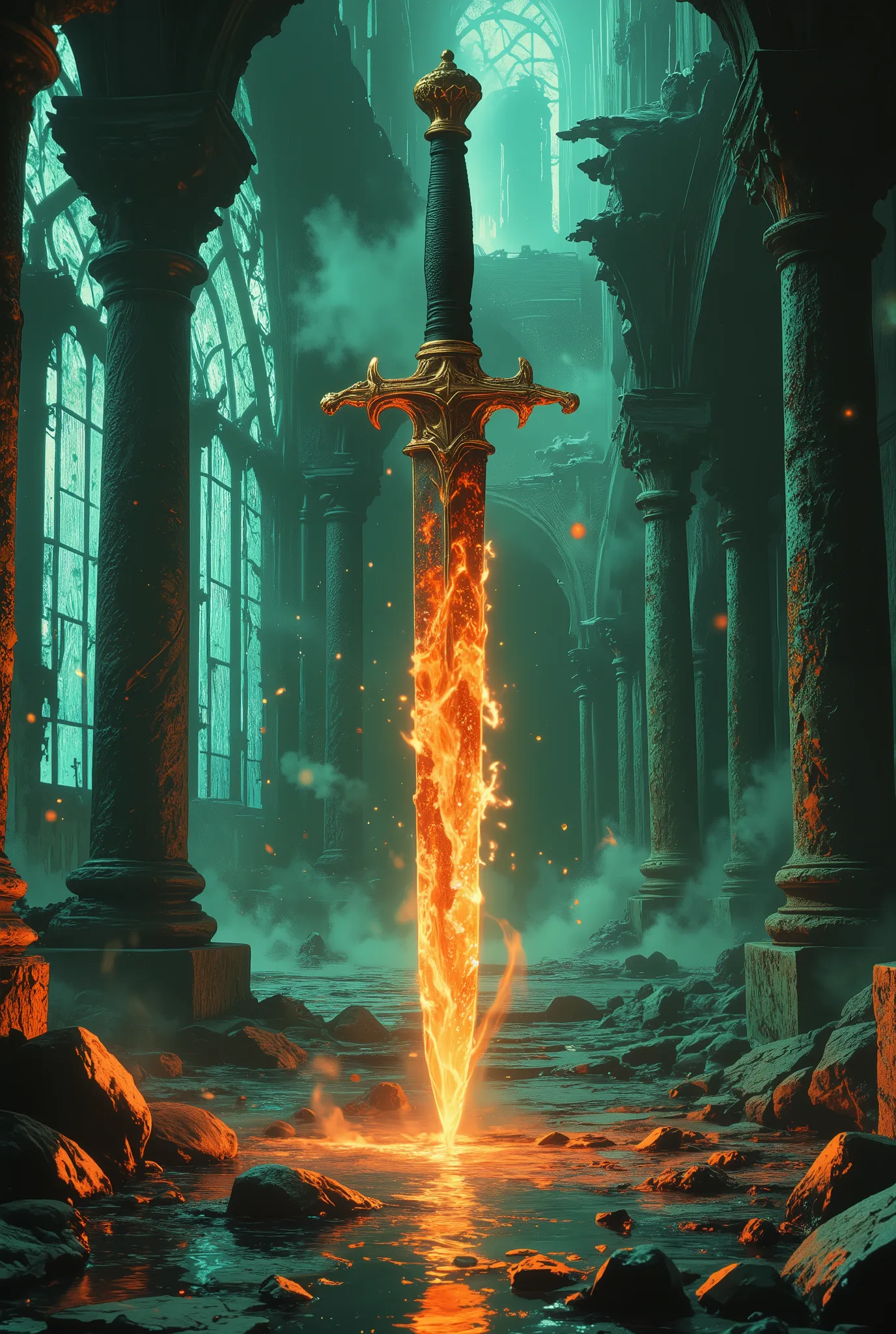A highly detailed 8K, (a dagger with a magical ancient golden handle floating in the air:1.3 A flame comes out of the edge), 
. Intricate bronze chains of fire wrapped with illuminated symbols from a forgotten language, 
surreal holographic projections of ...