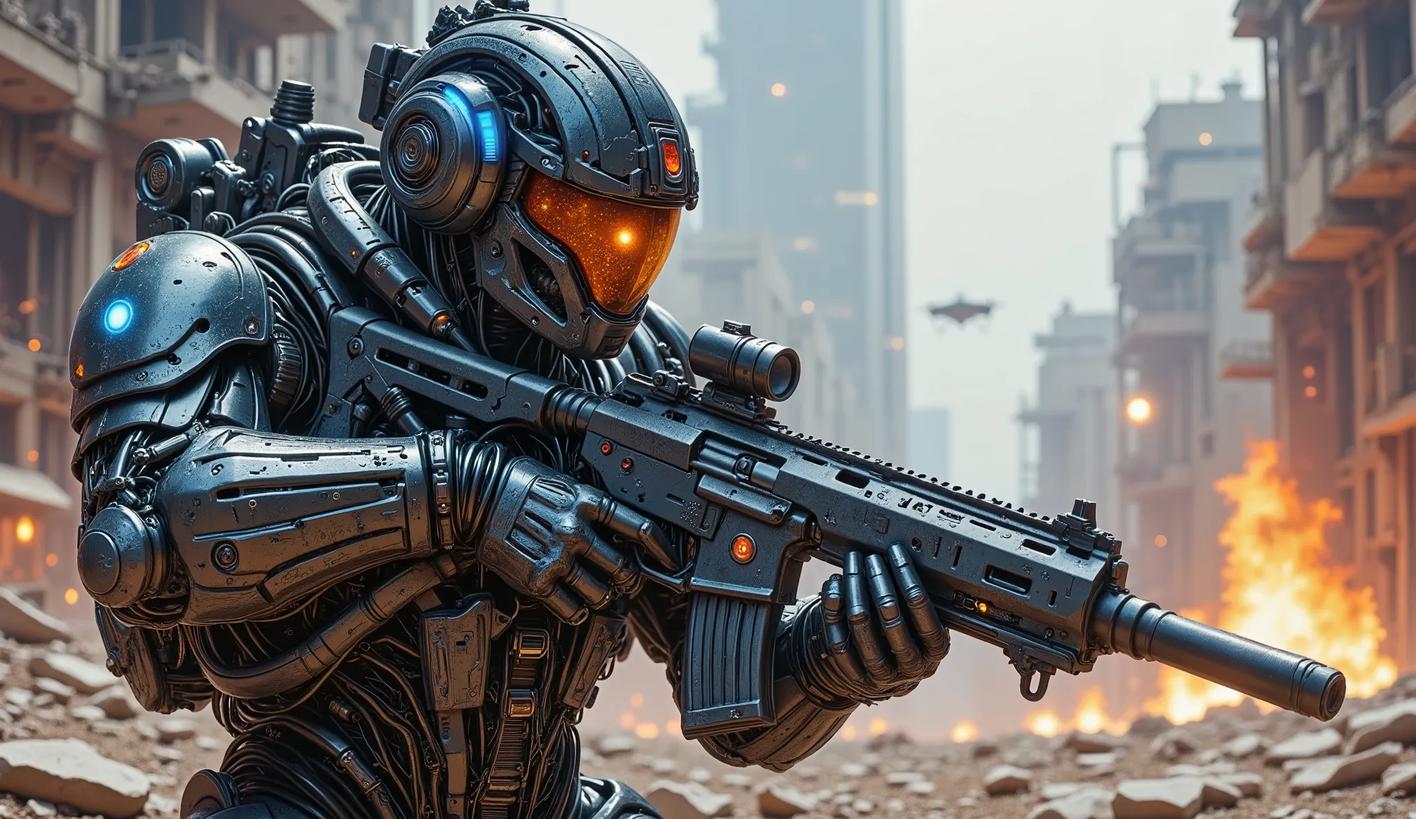 pinkmechalux, A highly detailed futuristic sci-fi soldier in an intense combat scenario, wearing advanced power armor with a sleek metallic design and glowing blue energy lines. His helmet is equipped with an augmented reality HUD display, reflecting tacti...