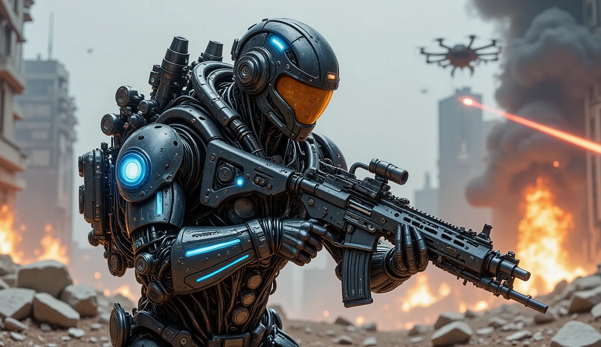 pinkmechalux, A highly detailed futuristic sci-fi soldier in an intense combat scenario, wearing advanced power armor with a sleek metallic design and glowing blue energy lines. His helmet is equipped with an augmented reality HUD display, reflecting tacti...