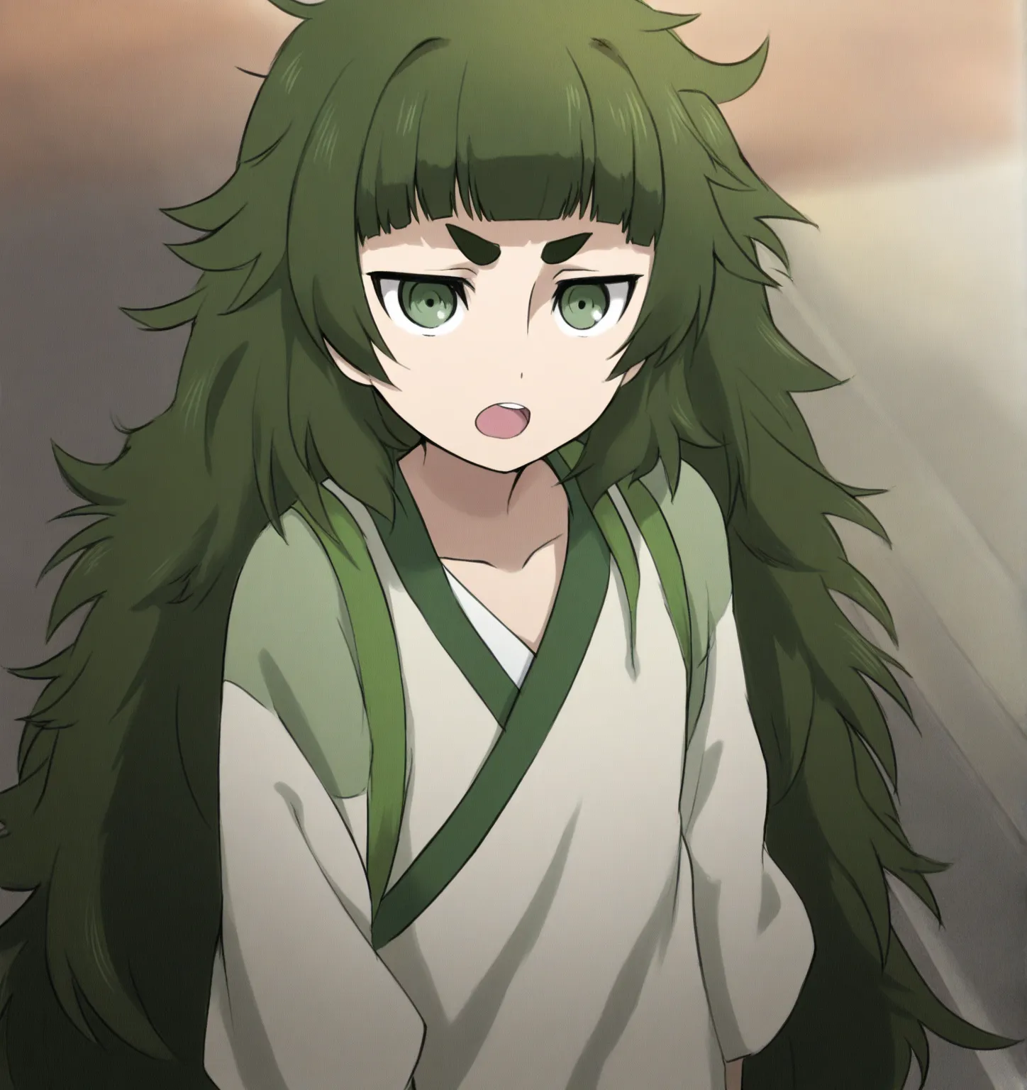 ,maho,green hair,very long hair,green eyes,thick eyebrows,v-shaped eyebrows,messy hair,short eyebrows,blunt bangs,無修正、生えかけの陰毛