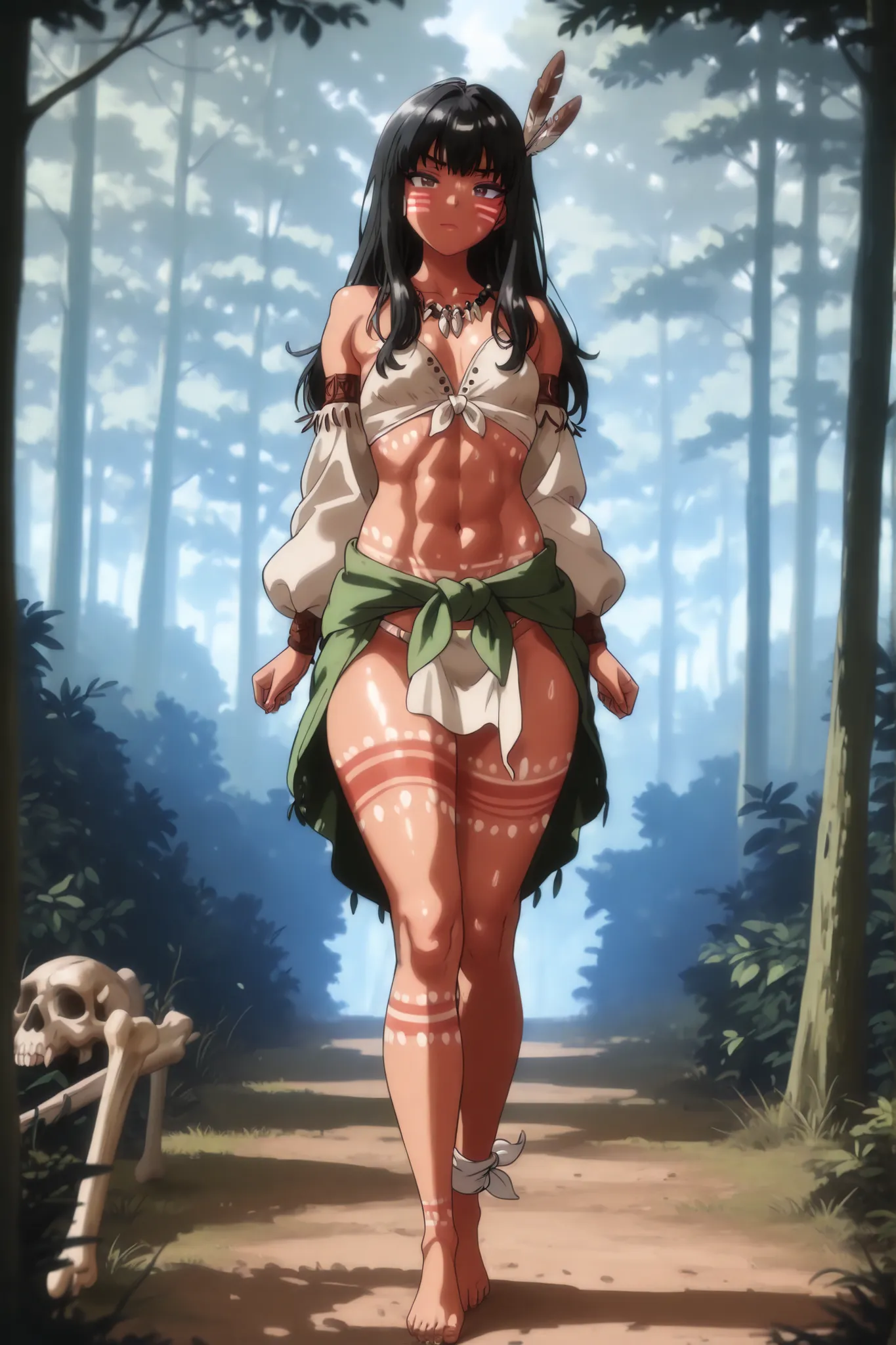 anime coloring, shiny skin,(((masterpiece))), ((best quality)), ((highres, absurdres)), (detailed), 
(a young woman in her 20s), (short black hair), (tribal aesthetic), 
(piece of cloth tied around her waist, stopping at mid-thigh), 
(long-sleeved midriff ...