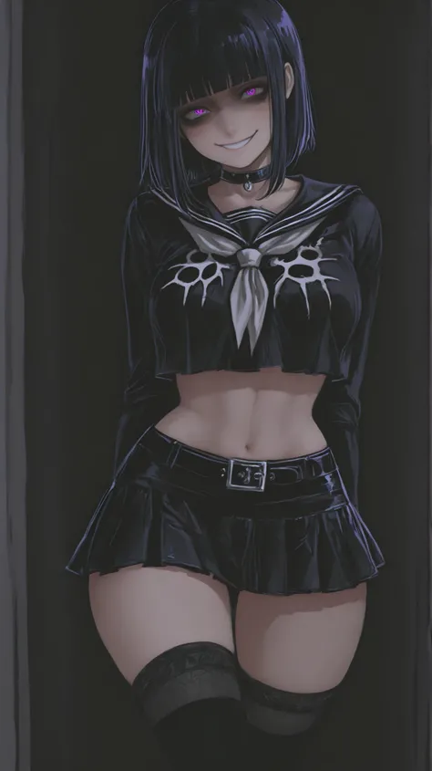 Himiko Toga from MHA, yandere smile, modern goth clothes style, modern goth makeup style, miniskirt, crop-top, choker, knee high socks