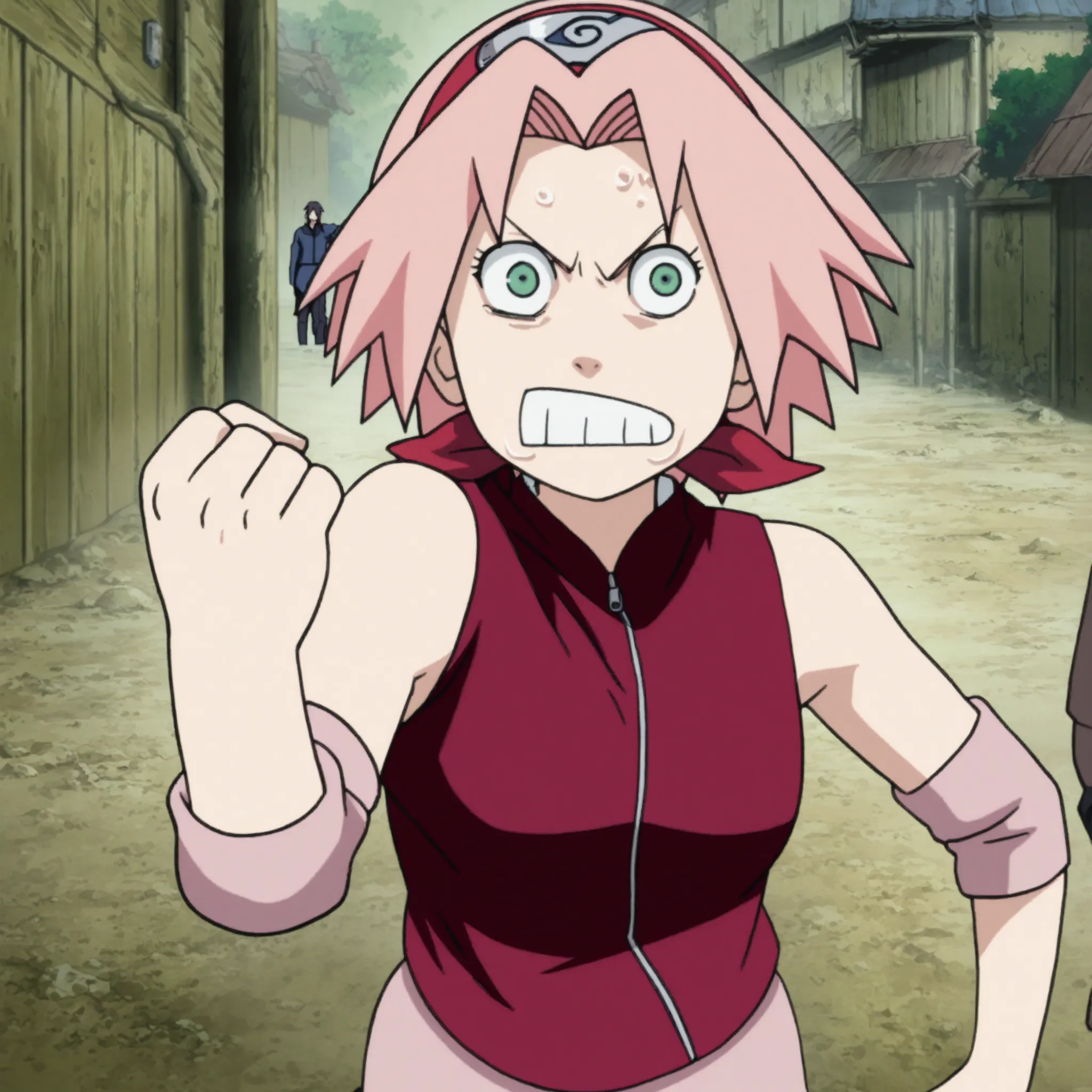 1girl,haruno sakura standing look at the viewer, BREAK pink hair, short hair, red hairband, green eyes, parted bangs, BREAK red sleeveless minidress, zipper, pink miniskirt, bandaged thigh, BREAK medium breasts, beautiful body, beautiful legs , masterpiece...