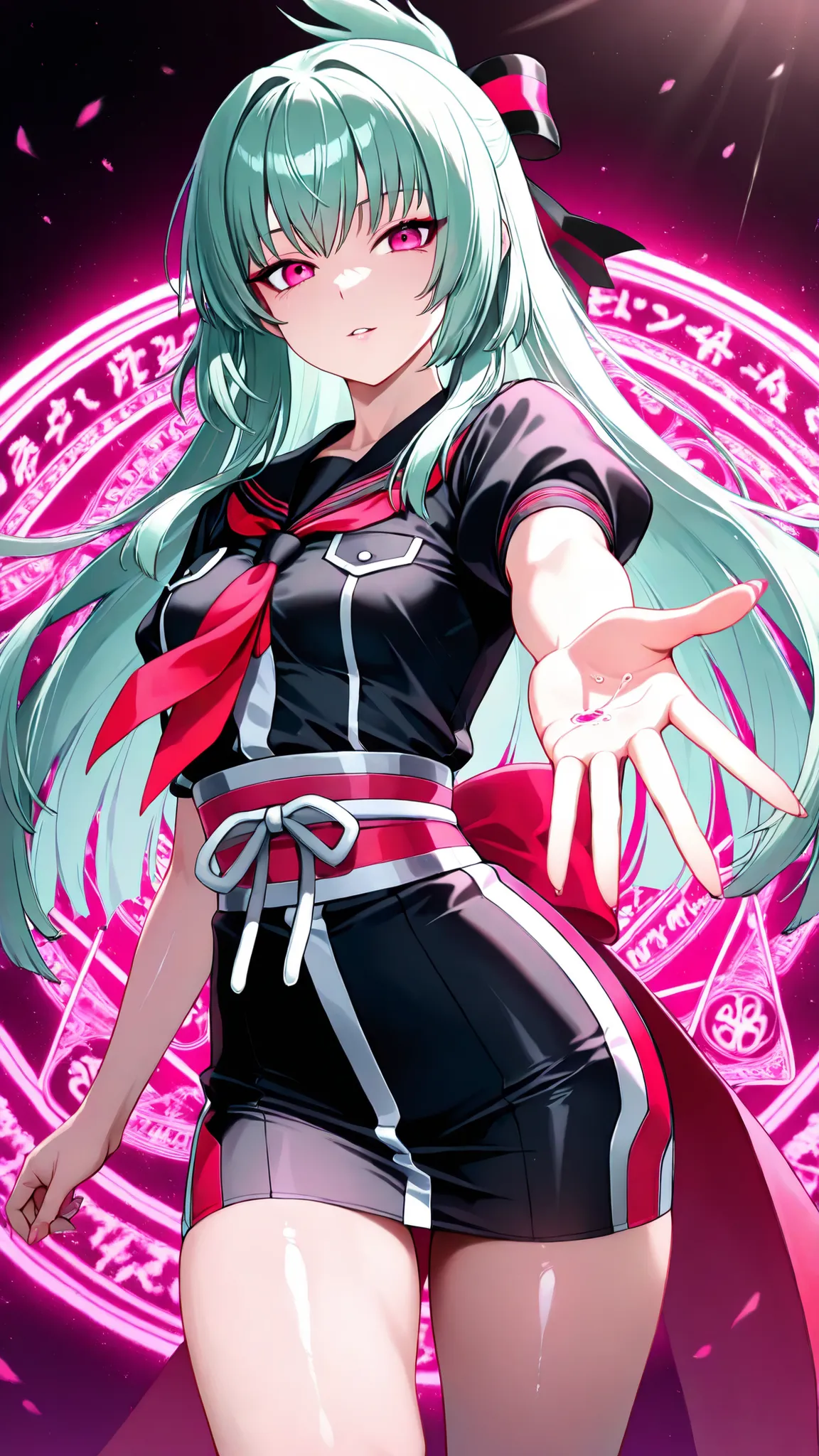 solo, kanzaki_saya,  long hair, mature woman, Tight waist、Small waist、small breasts, shiny Skin ,  school uniform, Her pose is fluid and captivating, As if offering a magical drop、Extending one hand towards the viewer.Emits a Magical Magic Circle from One ...