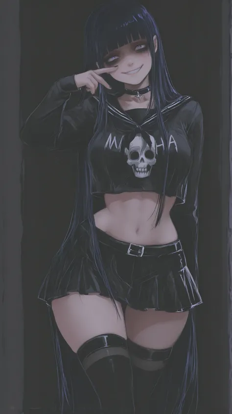 Himiko Toga from MHA, yandere smile, modern goth clothes style, modern goth makeup style, miniskirt, crop-top, choker, knee high socks