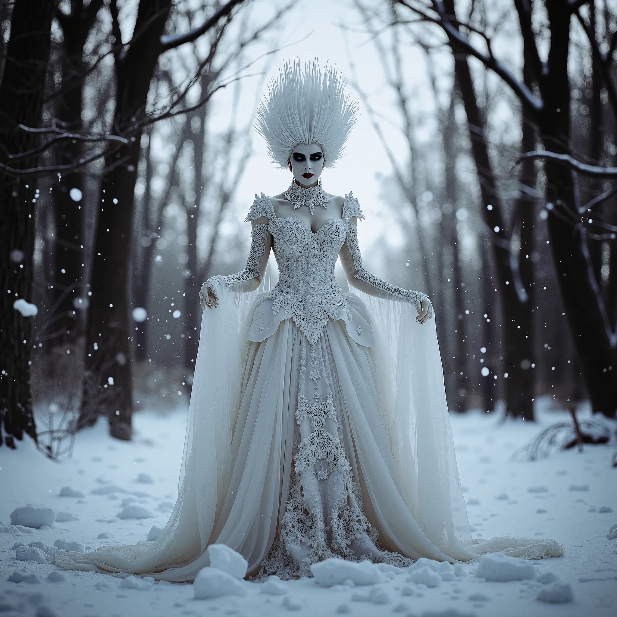 A gothic, ultra-realistic Snow Queen standing ominously in the middle of a snow-covered, haunted forest at dusk. Her skin is ghostly pale, with deep black eyeshadow, exaggerated eyeliner, and blood-red lips. Her towering, voluminous white hair contrasts sh...