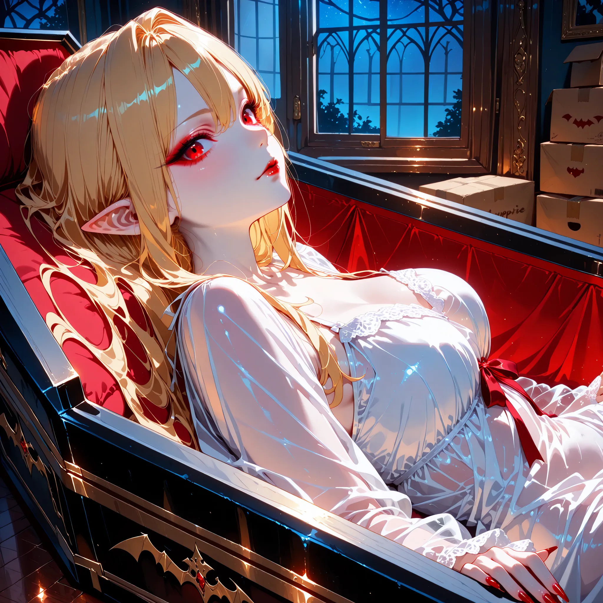 Very High resolution,cute anime-style,masterpiece,best quality,amazing quality,hyper-detailed,very aesthetic,from side,medium shot,Late at night,A composition looking into a room through a window,A room with no furniture,Cardboard boxes for moving are stac...