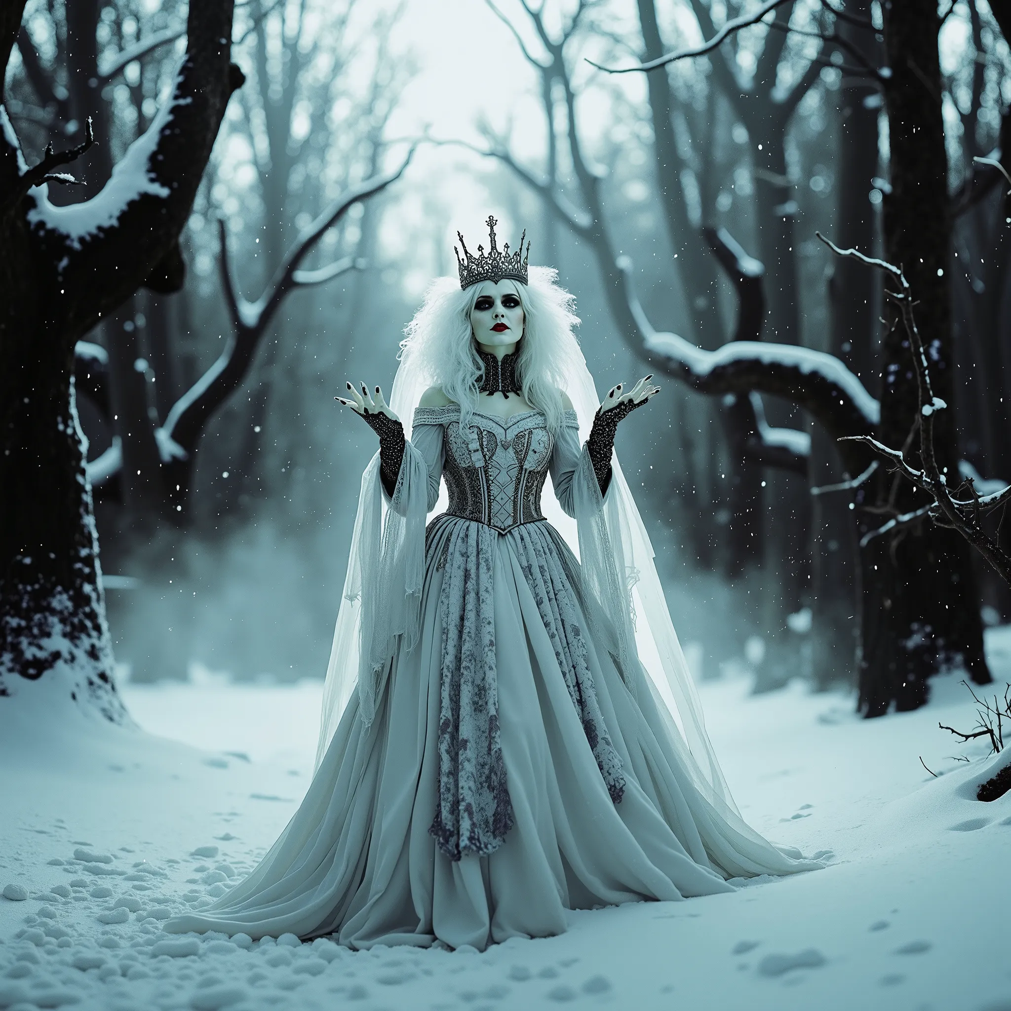A gothic, ultra-realistic Snow Queen standing ominously in the middle of a snow-covered, haunted forest at dusk. Her skin is ghostly pale, with deep black eyeshadow, exaggerated eyeliner, and blood-red lips. Her towering, voluminous white hair contrasts sh...