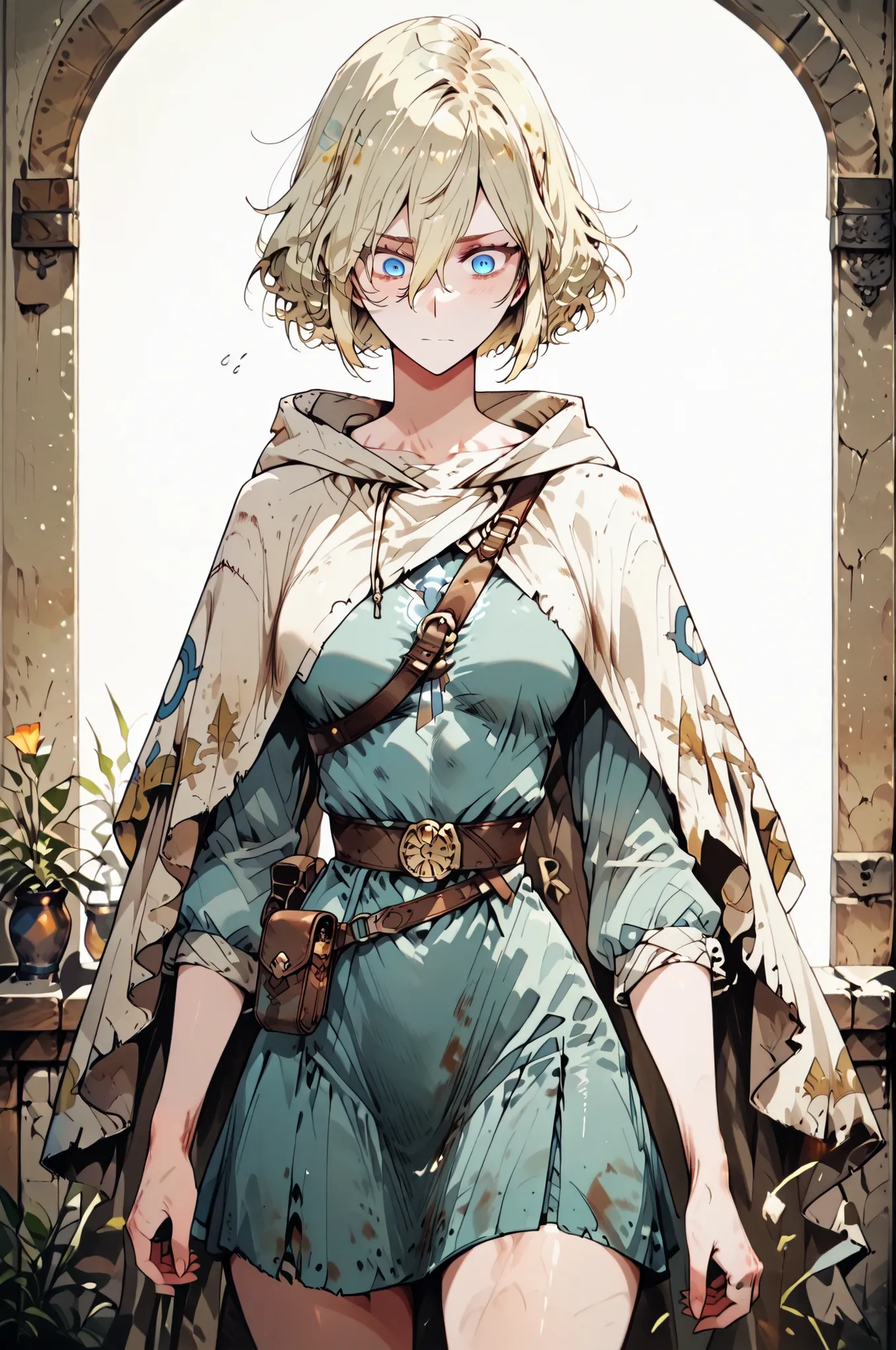 Shokolade, jormugand Shokolade, blonde hair, chanel elaborate hair cut, athletic toned body, wears a blue, hooded cloak that drapes over a rugged tunic, giving off a medieval or fantasy vibe. Straps and belts wrap around the chest and waist, securing a pou...