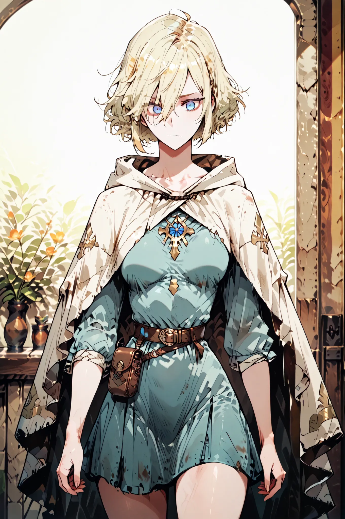 Shokolade, jormugand Shokolade, blonde hair, chanel elaborate hair cut, athletic toned body, wears a blue, hooded cloak that drapes over a rugged tunic, giving off a medieval or fantasy vibe. Straps and belts wrap around the chest and waist, securing a pou...