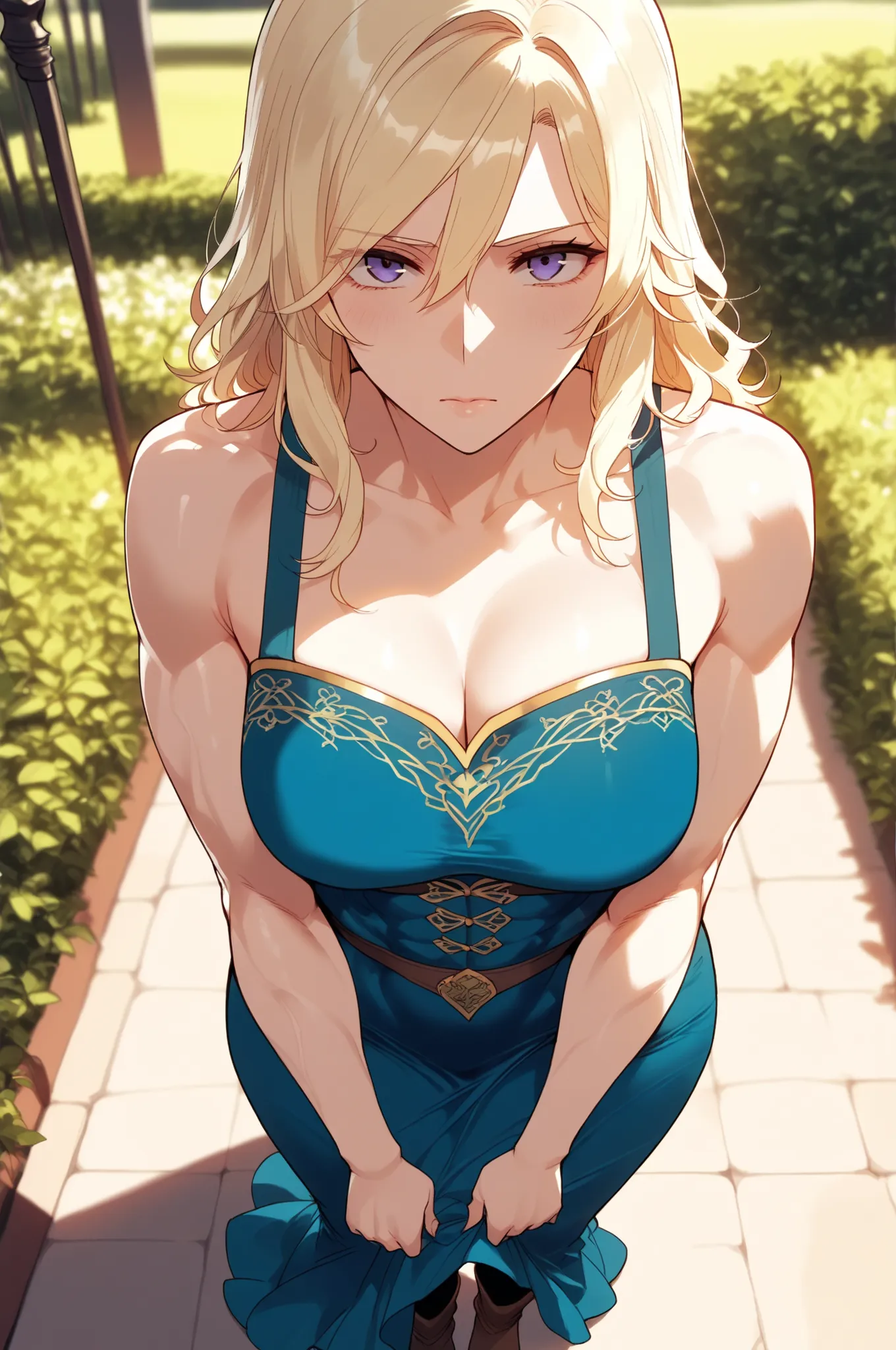 score_9, score_8_up, score_7_up, score_6_up, score_5_up, score_4_up, rating_explicit, illustration, nsfw, mature beautiful woman, Shokolade for jormugand blonde hair, medium breasts, full body, toned body, athletic female figure, medieval noble dress, stan...