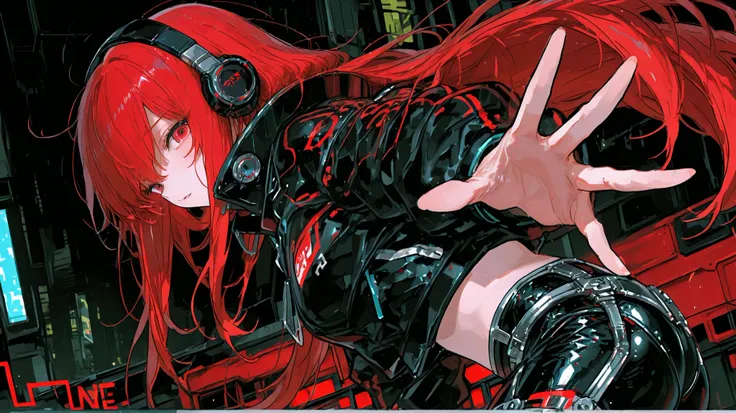 (One Woman :1.3)、one beautiful woman dressed like an ant、Dynamic、Red long hair、cyber jacket、Cyber Pants、headphones, Song、amazing、top quality,cyber world with machines,amazing、Moving Poses、fantastic、outstretched hand