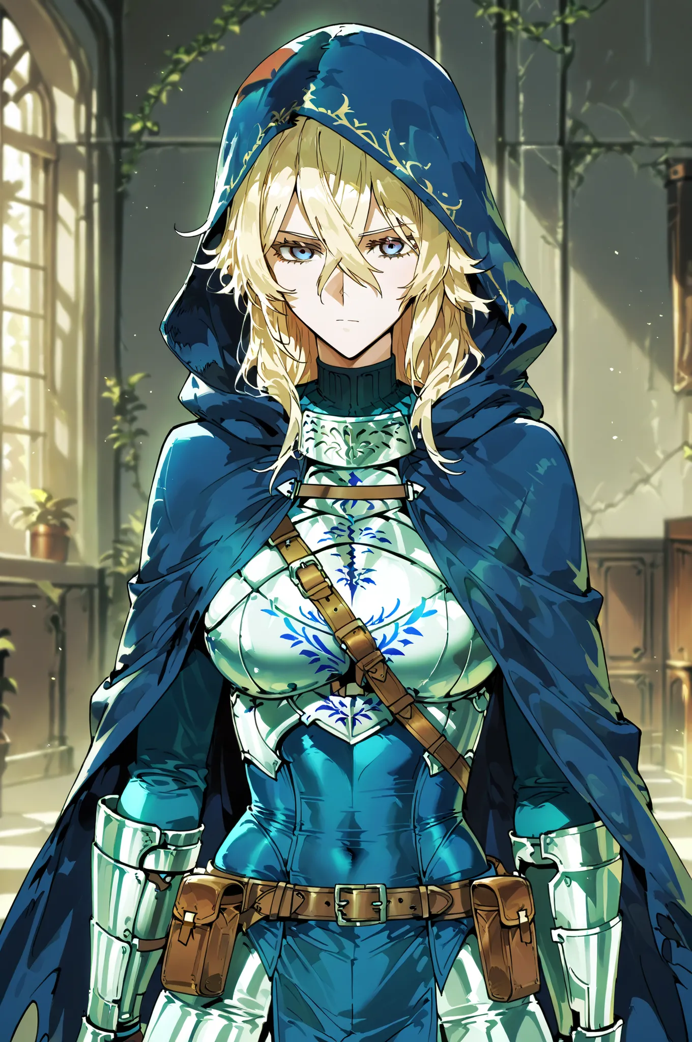 Shokolade, jormugand Shokolade, athletic toned body, wears a blue armored hooded cloak that drapes over a rugged tunic, giving off a medieval or fantasy vibe. Straps and belts wrap around the chest and waist, securing a pouch at their side. The chest area ...