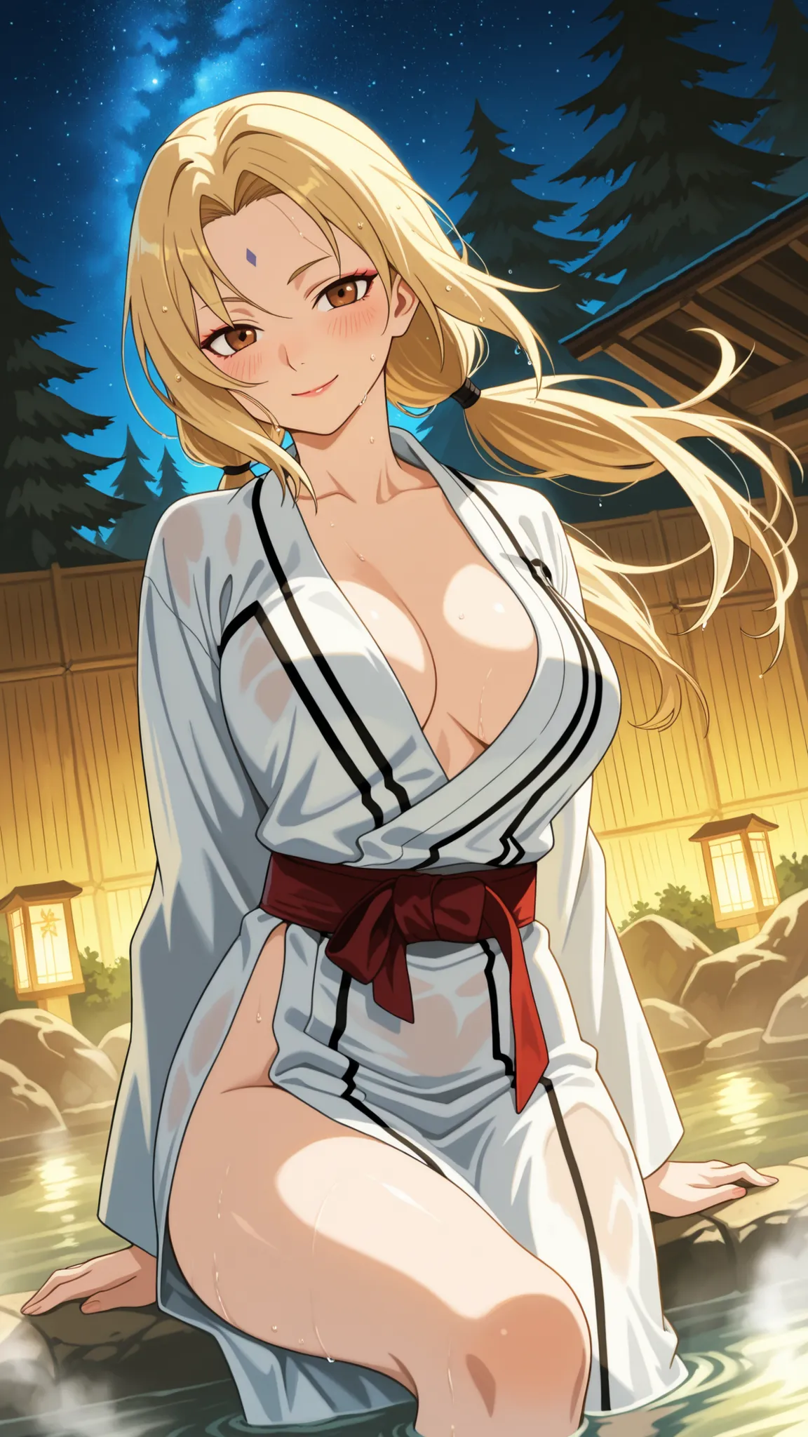 BREAK (masterpiece:1.2), best quality, high resolution, unity 8k wallpaper, (illustration:0.8), (beautiful detailed eyes:1.6),Traditional outdoor Japanese onsen at night, surrounded by natural rocks and pine trees, warm steam gently rising from the water,T...