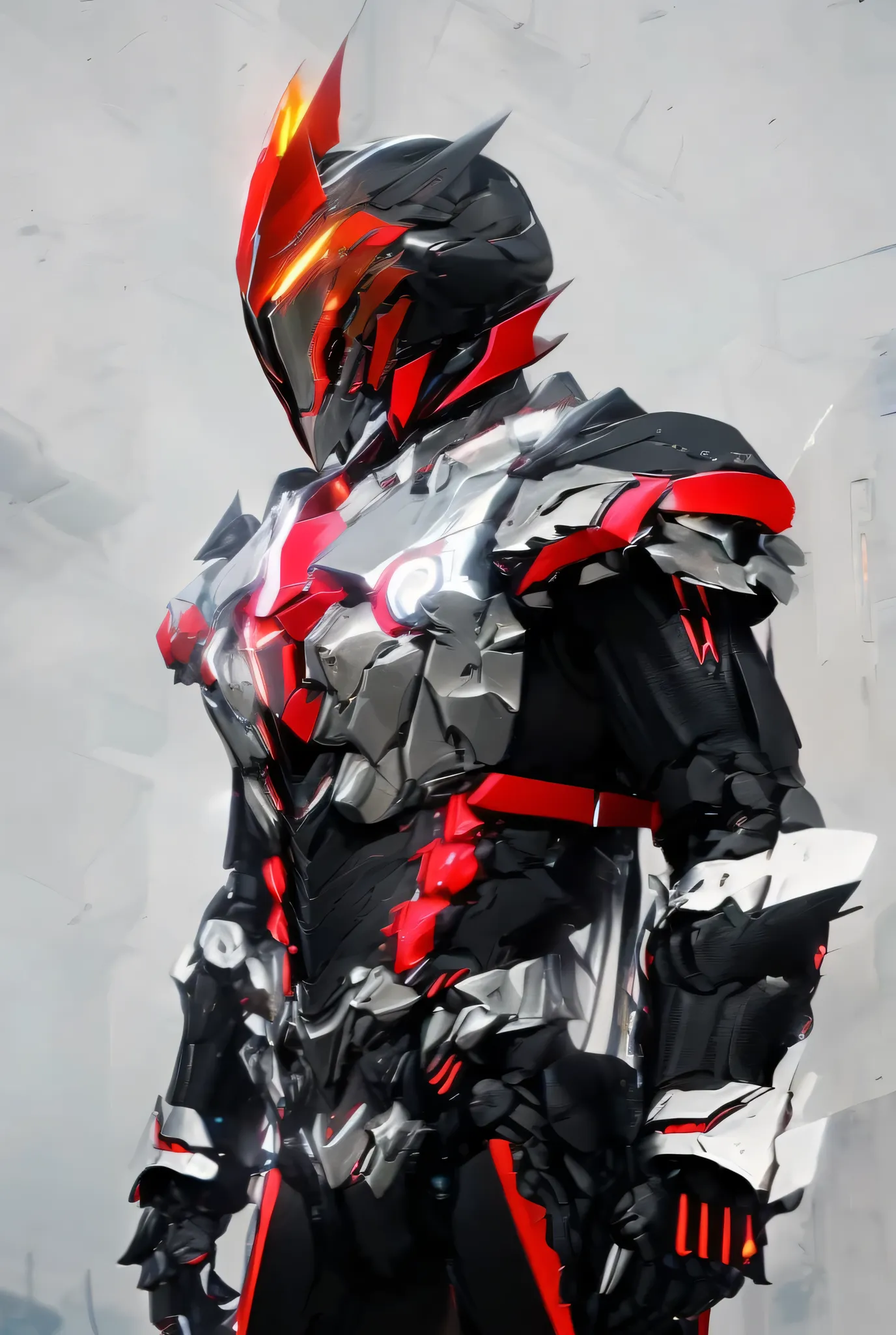 Close-up of a motorcycle mecha,has a red light, black and  red armor, Futuristic Armor, black armor, Dark armor, black and red reflective armor, Corrupted Armor, ,  red armor,  Demon Armor , Dark Futurism, complex assassin mech armor, angular metal armor, ...