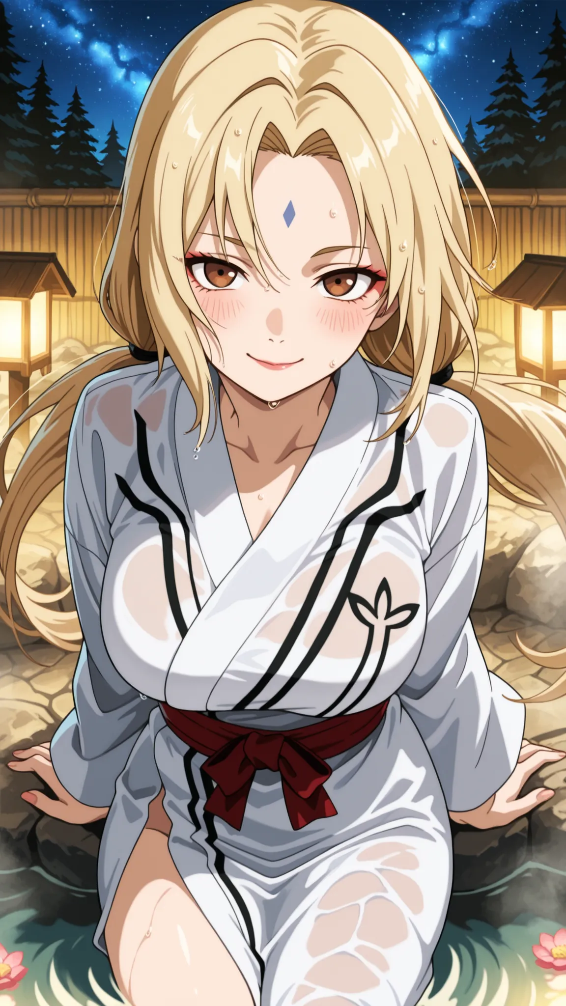 BREAK (masterpiece:1.2), best quality, high resolution, unity 8k wallpaper, (illustration:0.8), (beautiful detailed eyes:1.6),Traditional outdoor Japanese onsen at night, surrounded by natural rocks and pine trees, warm steam gently rising from the water,T...