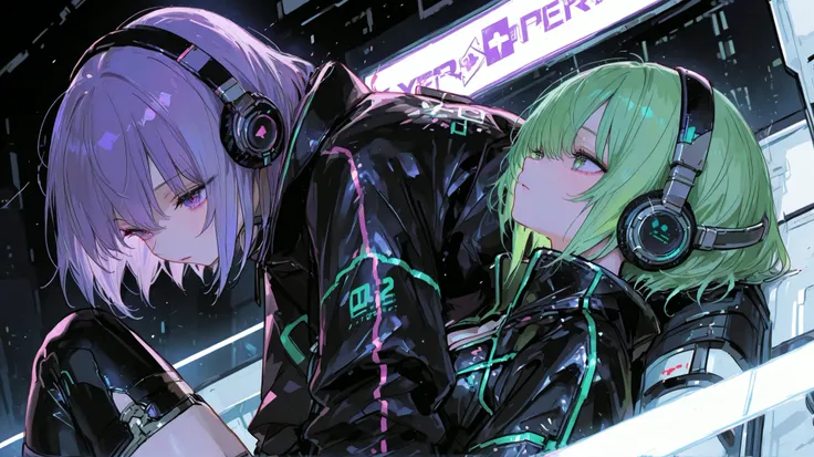 (Two Women :1.3)、two beautiful women、Dynamic、purple hair、green hair、cyber jacket、Cyber Pants、headphones, Song、amazing、top quality,cyber world with machines,amazing、Moving Poses、fantastic