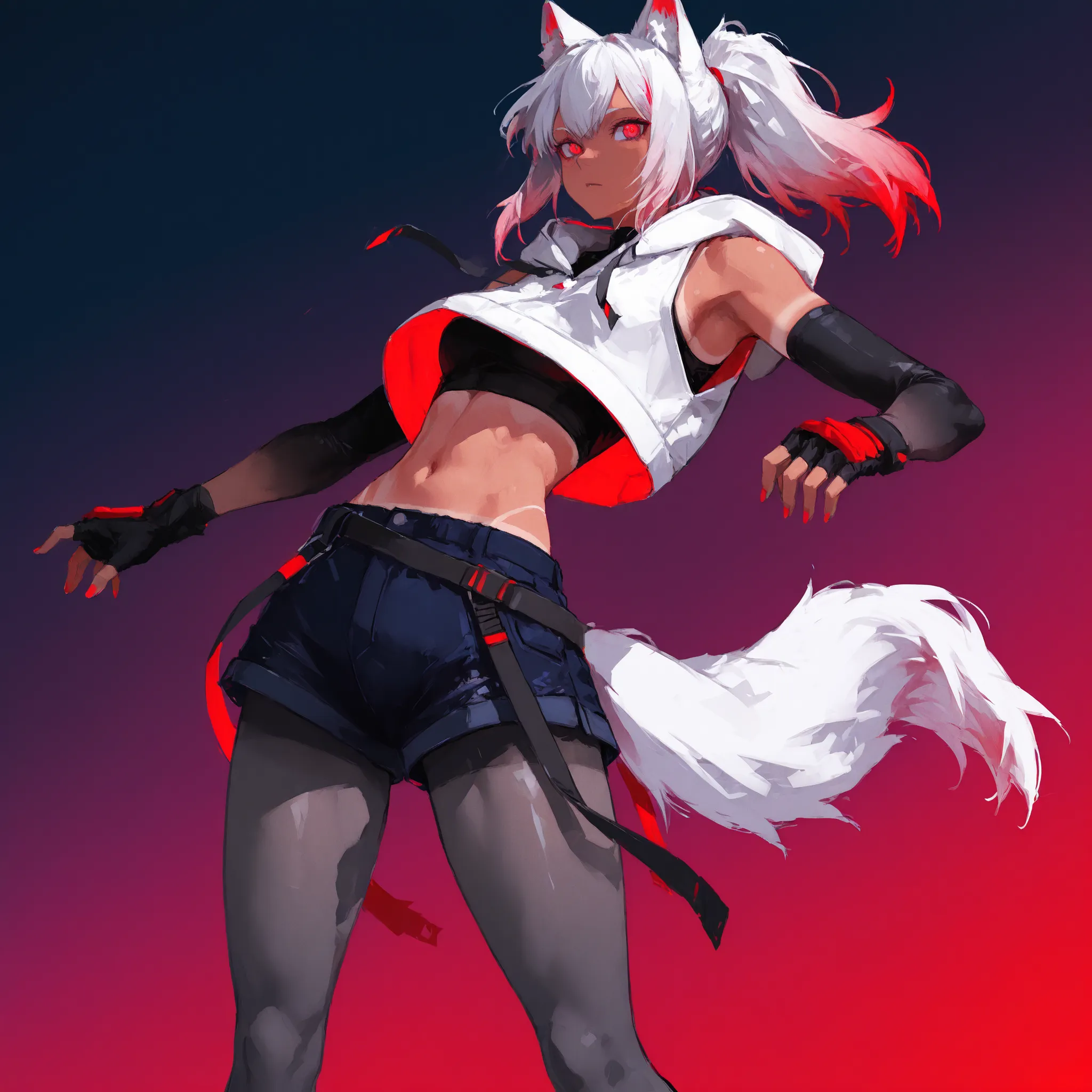 medium tan 1woman, wolf ears, white wolf tail with purple gradient, white colored ponytail hair with purple gradient, crimson red colored eyes, white cropped sleeveless hoodie, long black fingerless gloves,  black undershirt, dark blue jean shorts, gray lo...