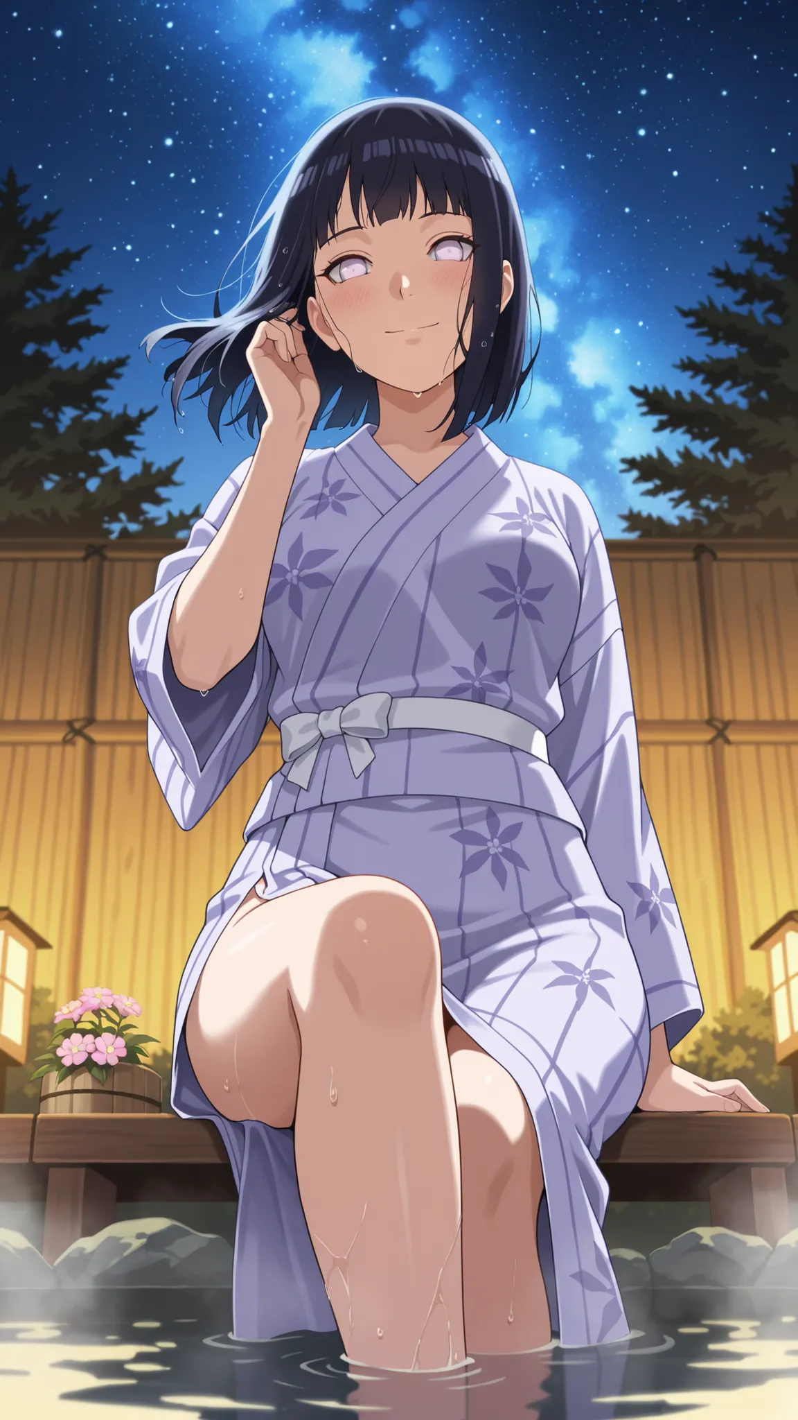 BREAK (masterpiece:1.2), best quality, high resolution, unity 8k wallpaper, (illustration:0.8), (beautiful detailed eyes:1.6),Traditional outdoor Japanese onsen at night, surrounded by natural rocks and pine trees, warm steam gently rising from the water,T...