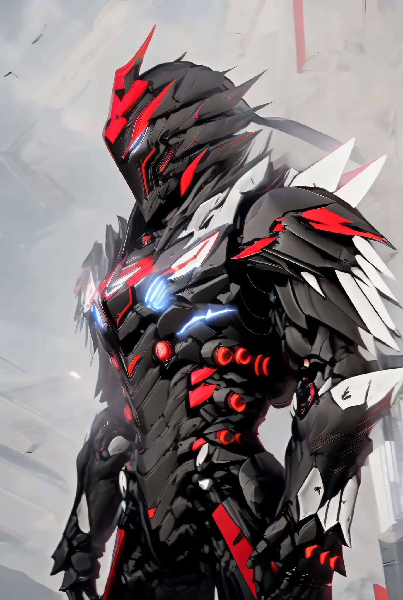 Close-up of a motorcycle mecha,has a red light, black and  red armor, Futuristic Armor, black armor, Dark armor, black and red reflective armor, Corrupted Armor, ,  red armor,  Demon Armor , Dark Futurism, complex assassin mech armor, angular metal armor, ...