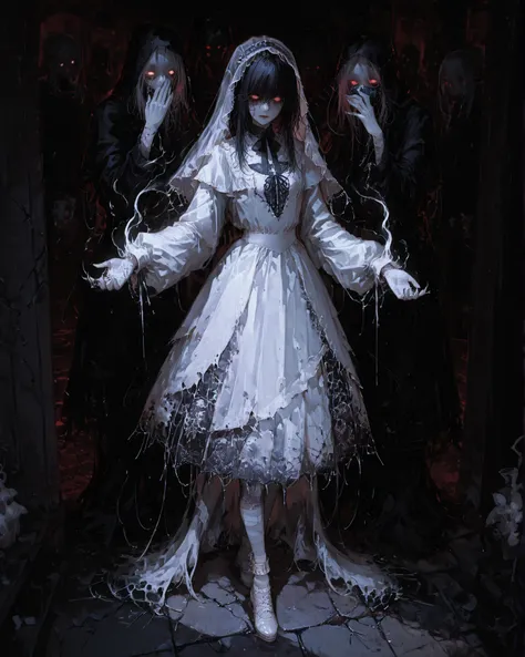 mestra, natural lighting, noite, sombras perfeitas, Ray Tracing, imagem detalhada, perfect human anatomy, small-sized ghostly figure, with about 6 years of appearance, with a ghostly face similar to that of a porcelain doll, wearing a delicate funeral veil...