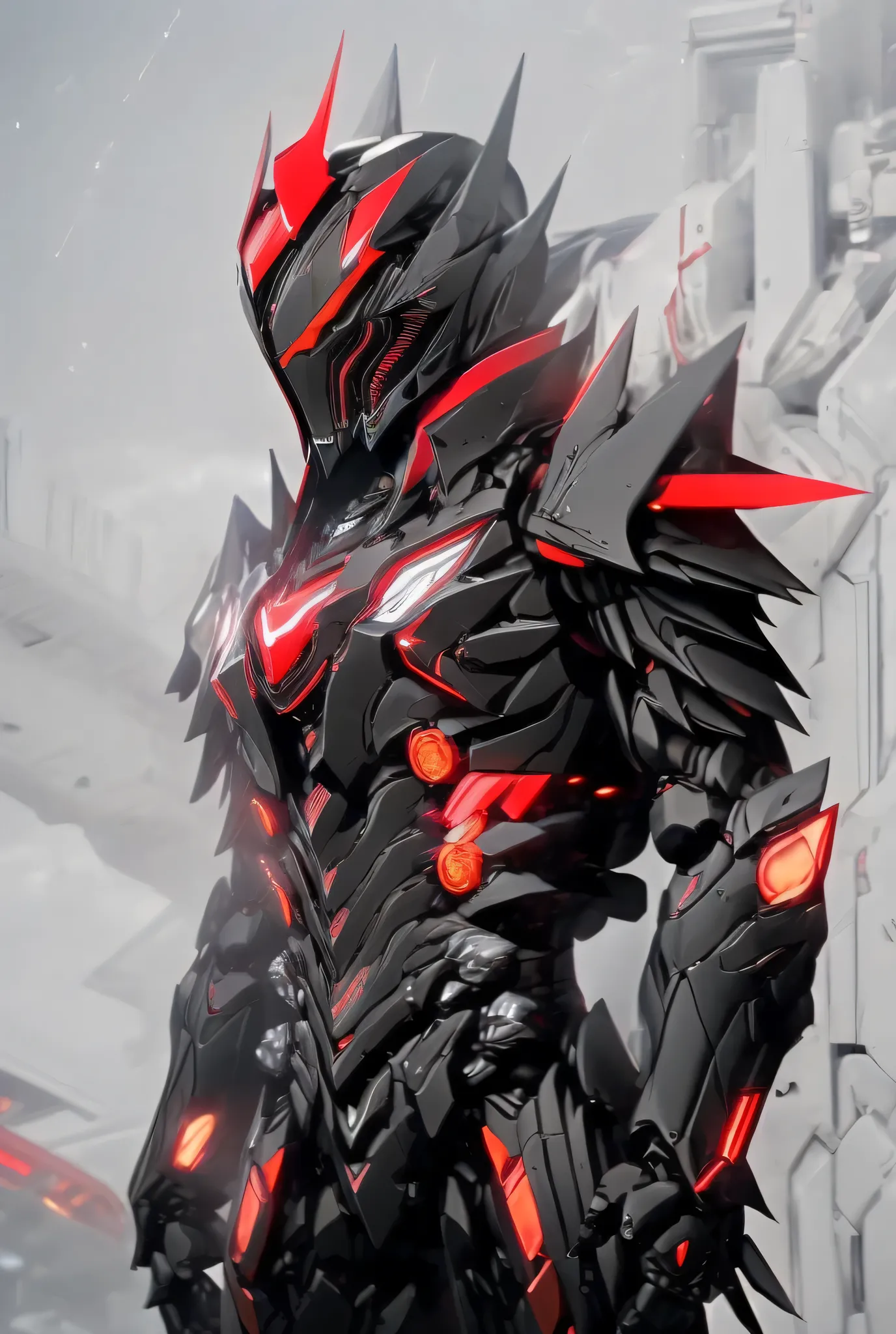 Close-up of a motorcycle mecha,has a red light, black and  red armor, Futuristic Armor, black armor, Dark armor, black and red reflective armor, Corrupted Armor, ,  red armor,  Demon Armor , Dark Futurism, complex assassin mech armor, angular metal armor, ...