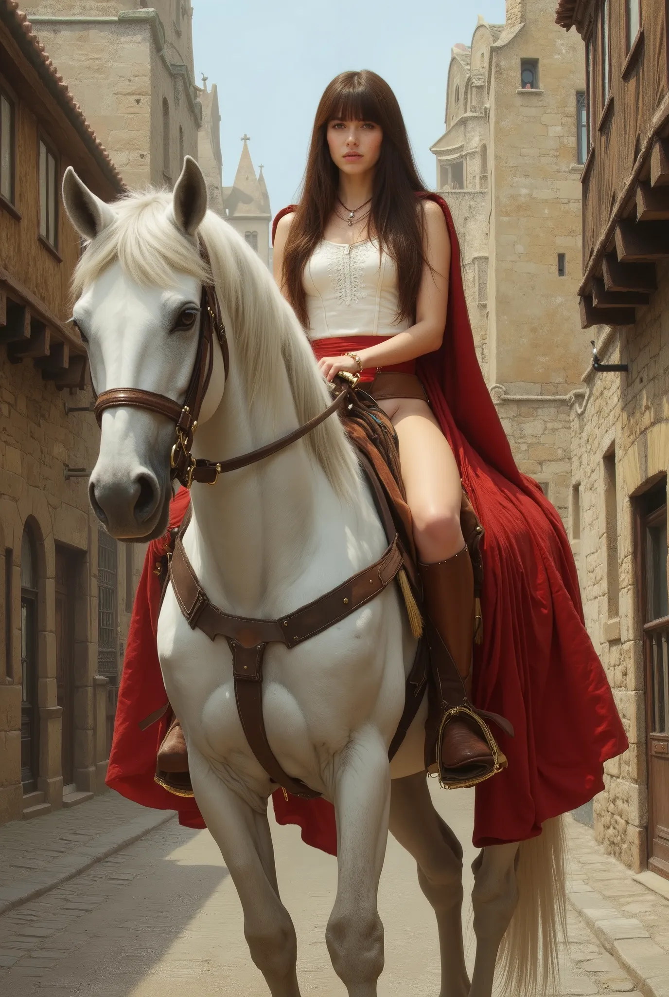 Photorealistic and painterly image inspired by John Collier’s Lady Godiva, reimagined with accurate historical detail. Lady Godiva rides side-saddle on a white horse draped in rich red cloth through a silent, empty medieval town. Her long, flowing brown ha...