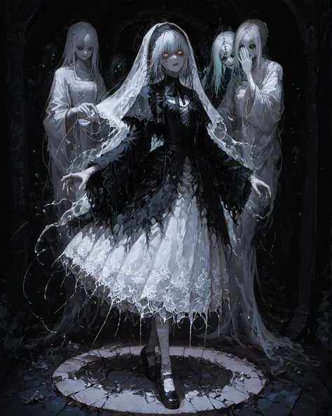 mestra, natural lighting, noite, sombras perfeitas, Ray Tracing, imagem detalhada, perfect human anatomy, small-sized ghostly figure, with about 6 years of appearance, with a ghostly face similar to that of a porcelain doll, wearing a delicate funeral veil...